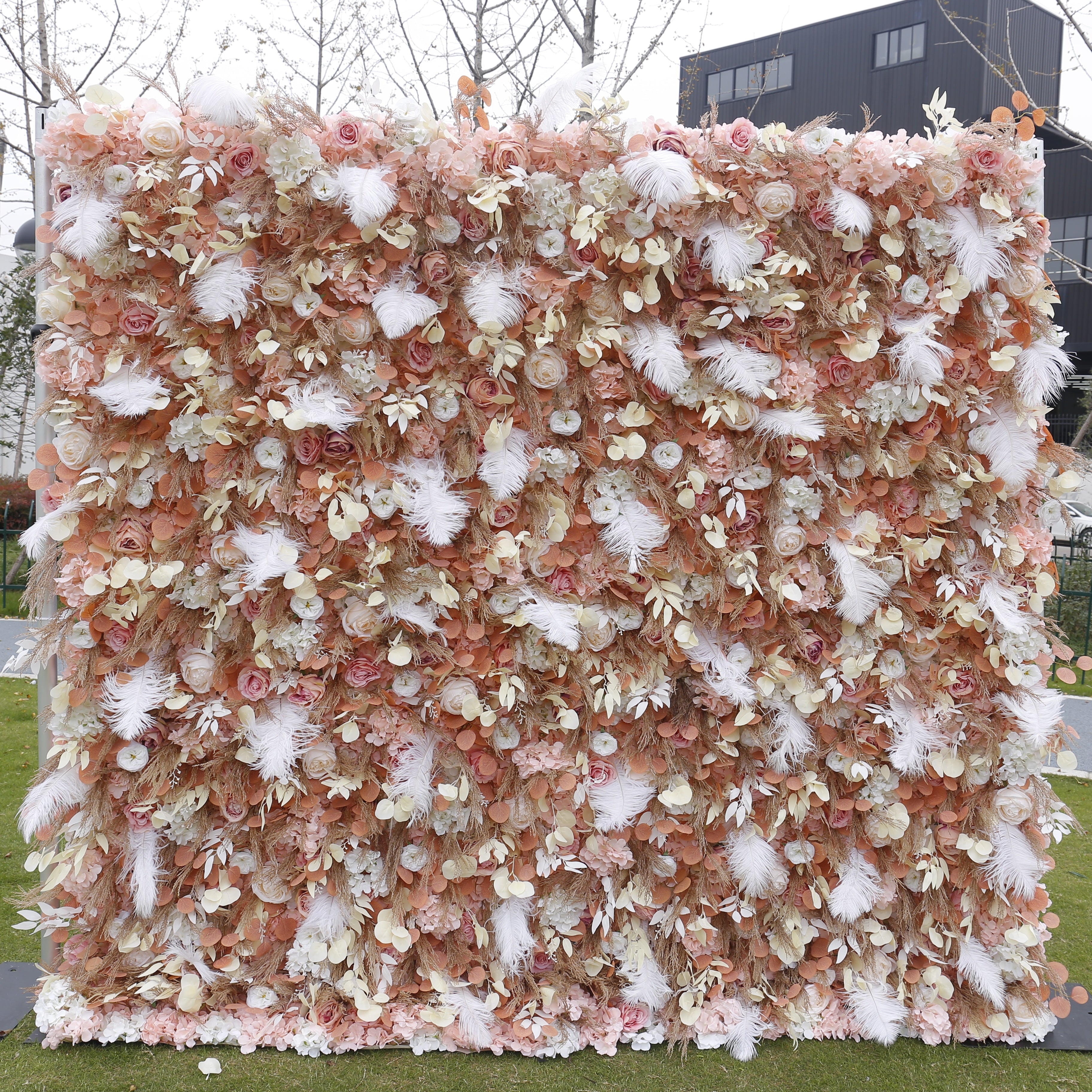 3D Brown Fabric Flower with White Feather Roll Up Flower Wall ACFW-092
