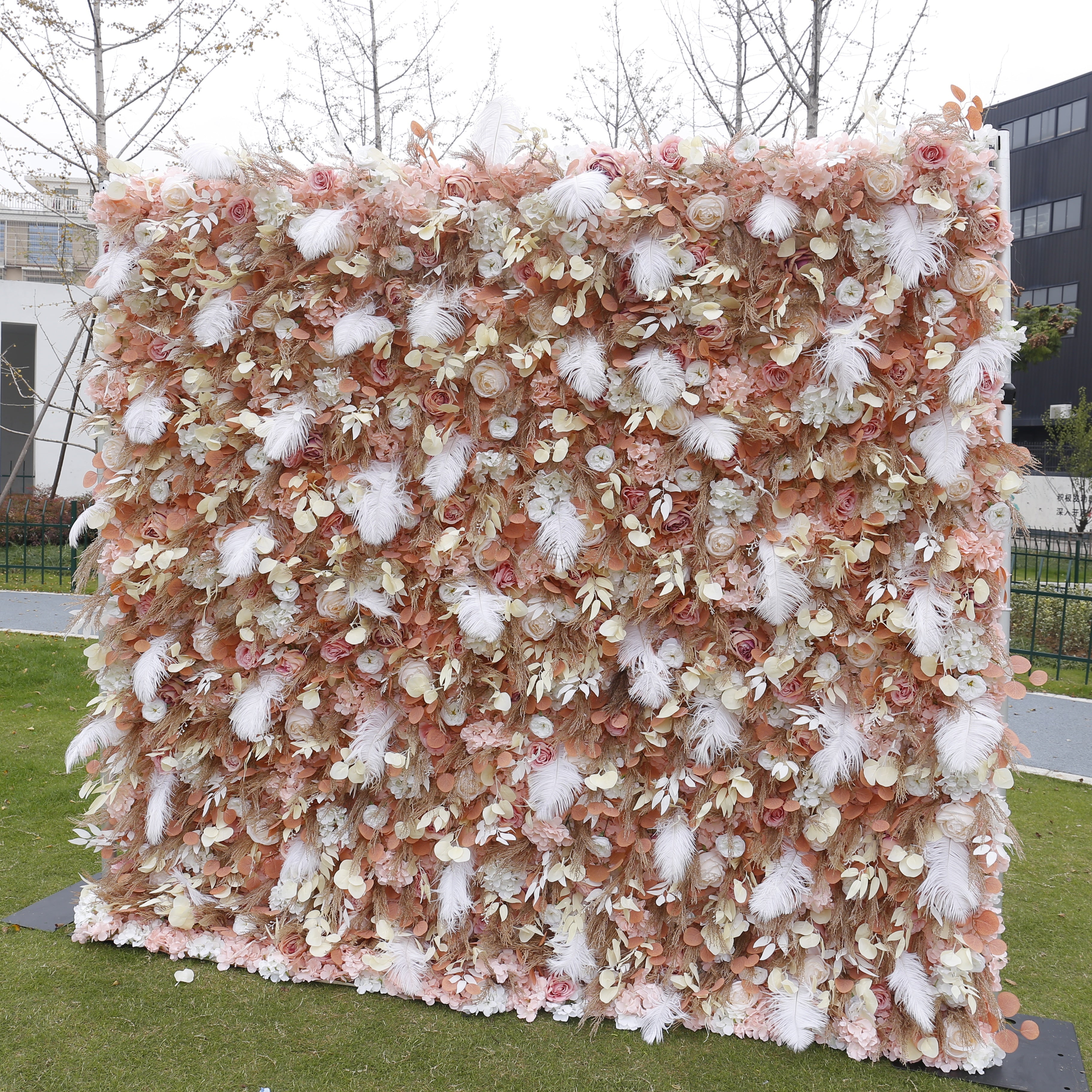 3D Brown Fabric Flower with White Feather Roll Up Flower Wall ACFW-092