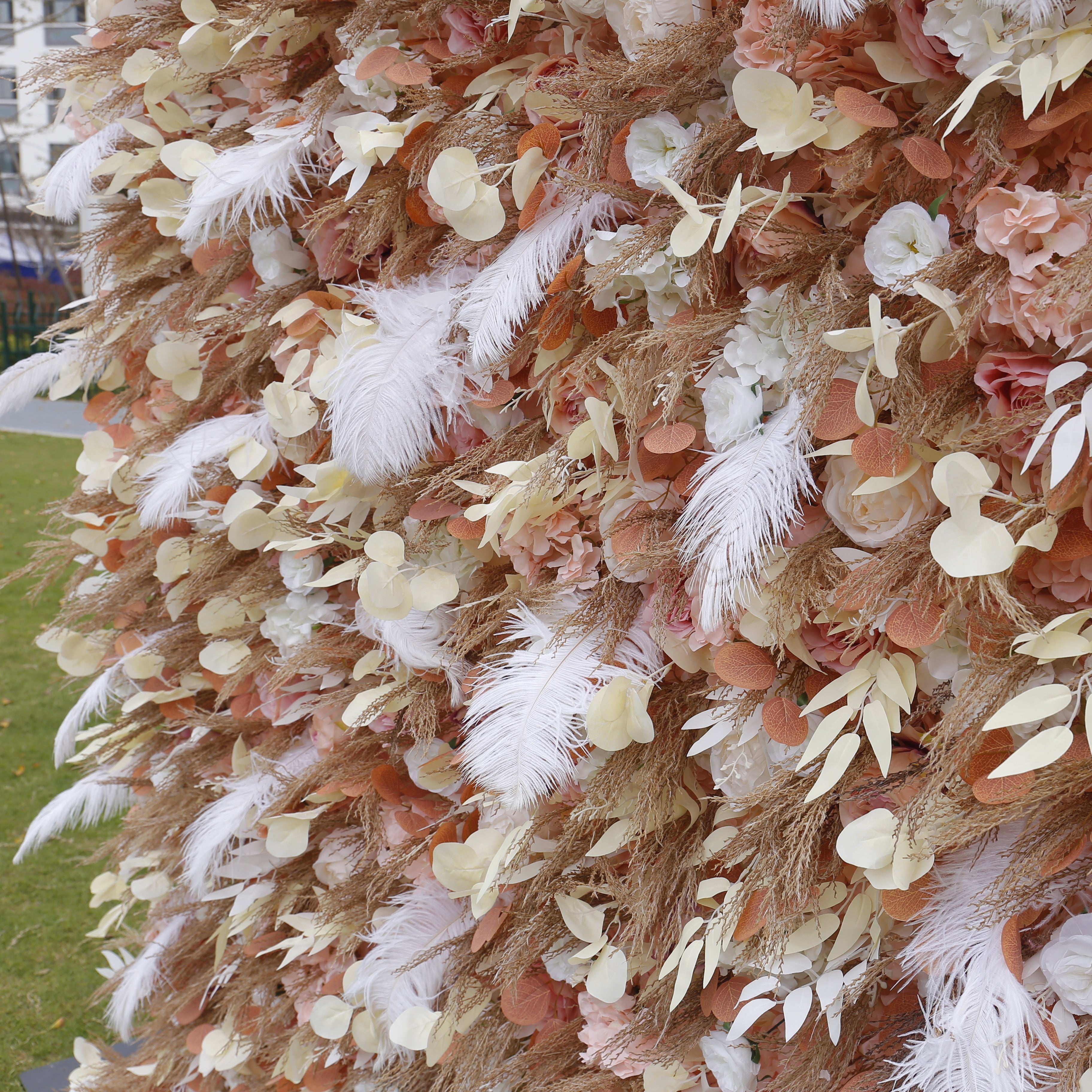 3D Brown Fabric Flower with White Feather Roll Up Flower Wall ACFW-092