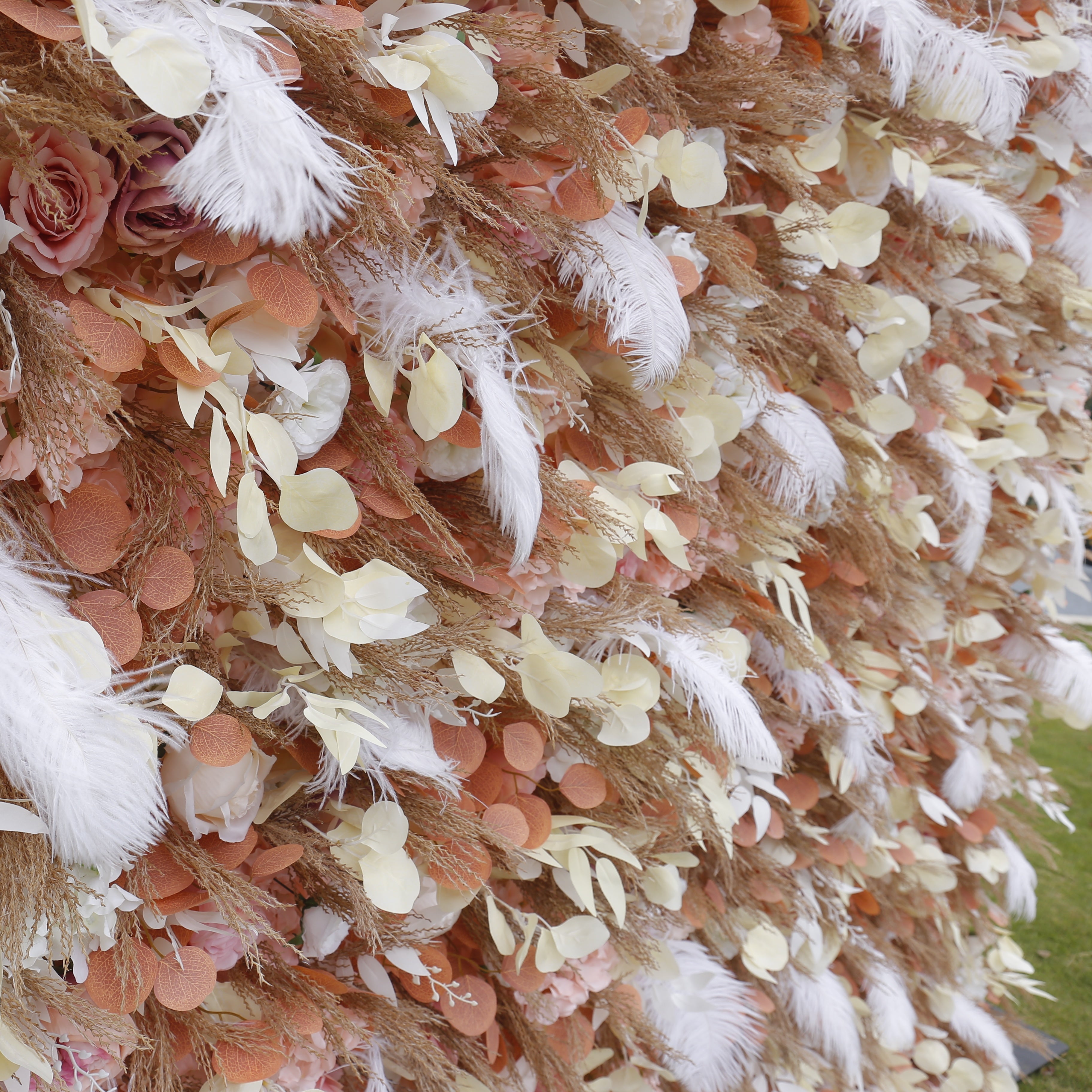 3D Brown Fabric Flower with White Feather Roll Up Flower Wall ACFW-092