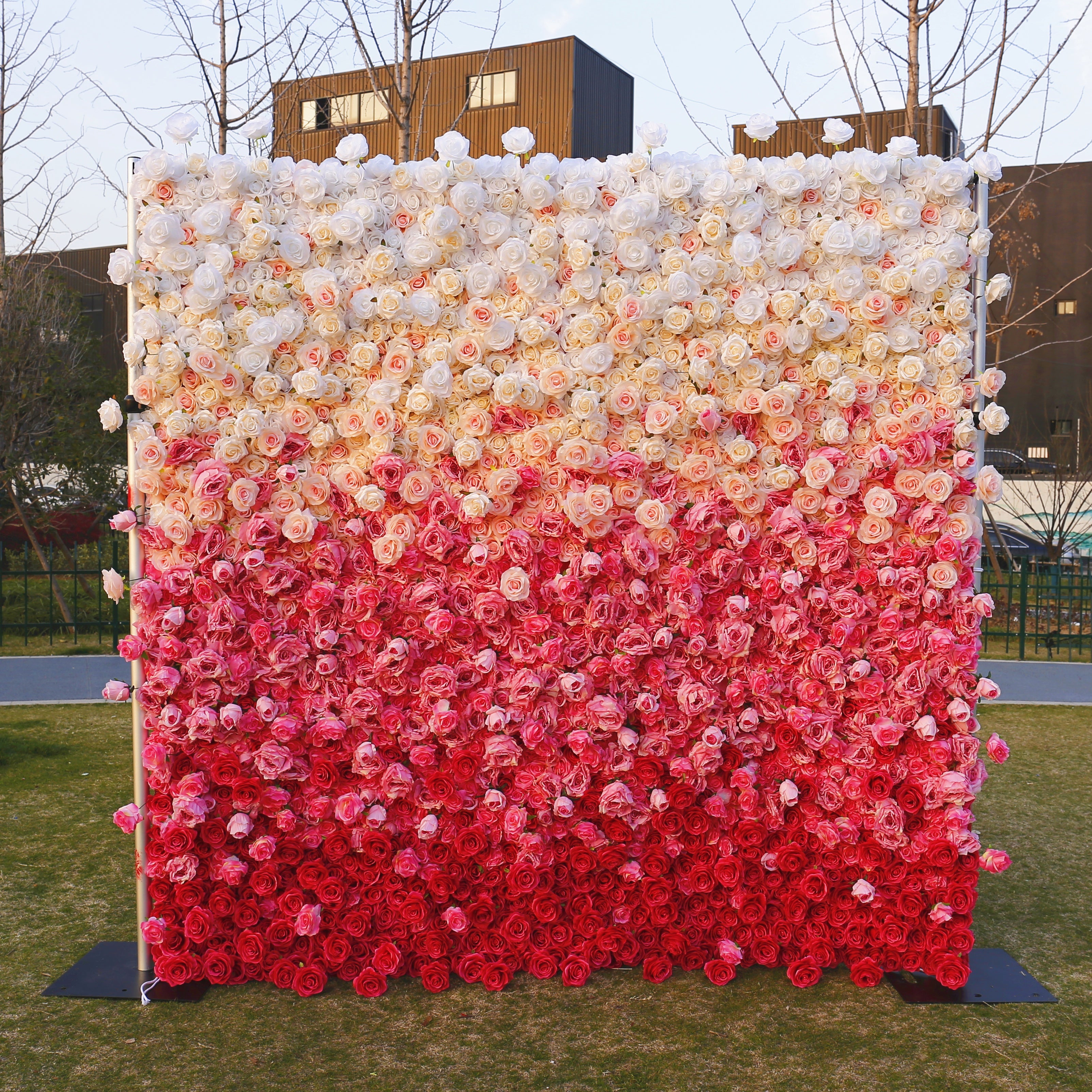 5D Ombre Pink White Fabric Rose Wedding Roll Up Flower Wall ACFW-094