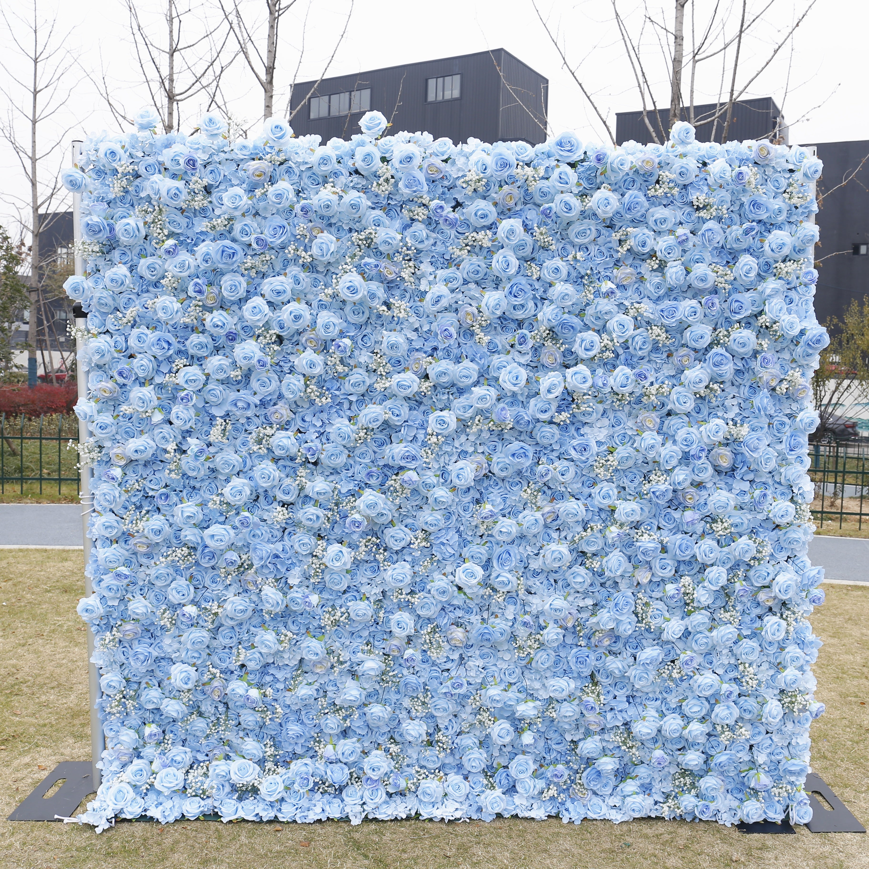 5D Blue Rose Baby Breath Artificial Roll-Up Fabric Flower Wall ACFW-097
