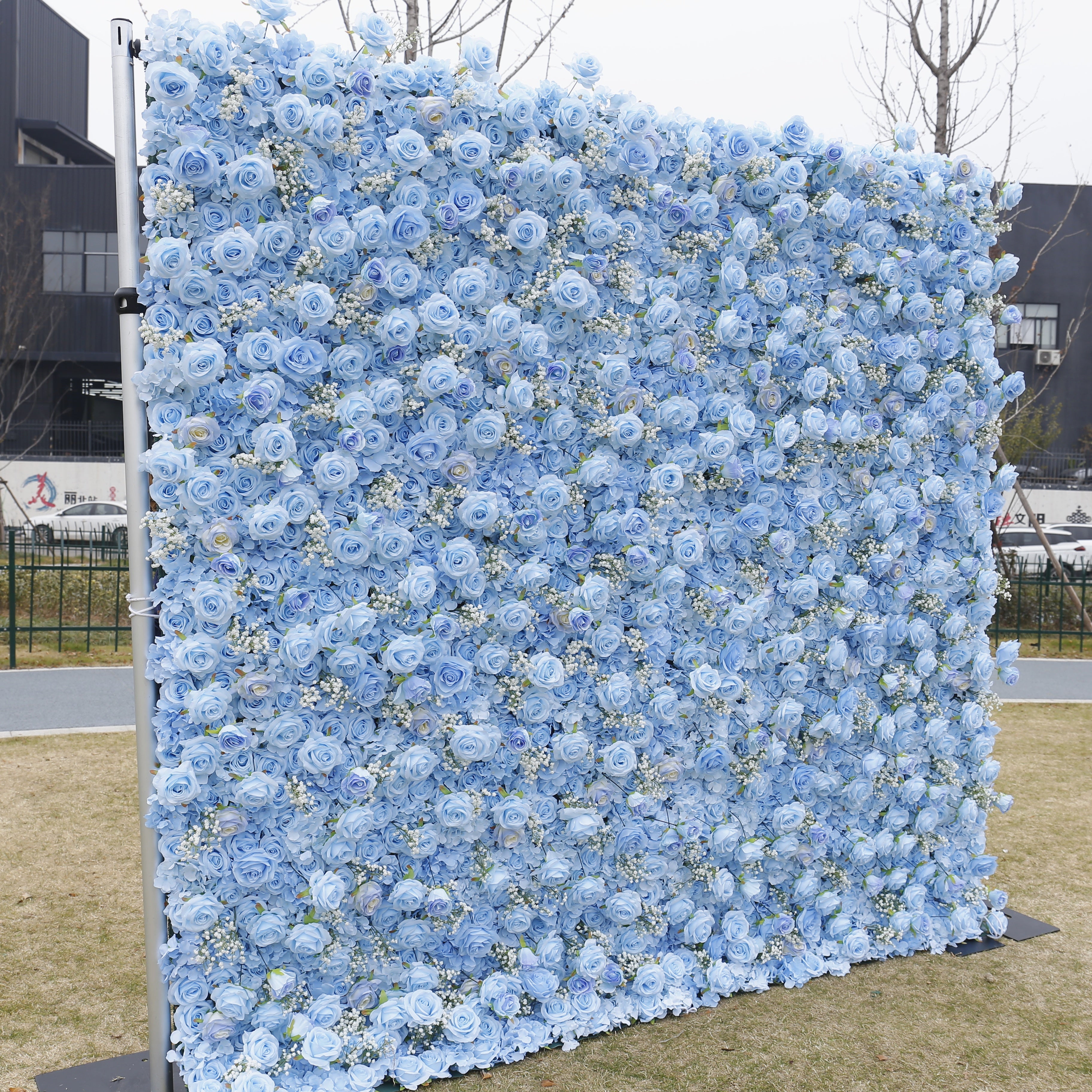 5D Blue Rose Baby Breath Artificial Roll-Up Fabric Flower Wall ACFW-097
