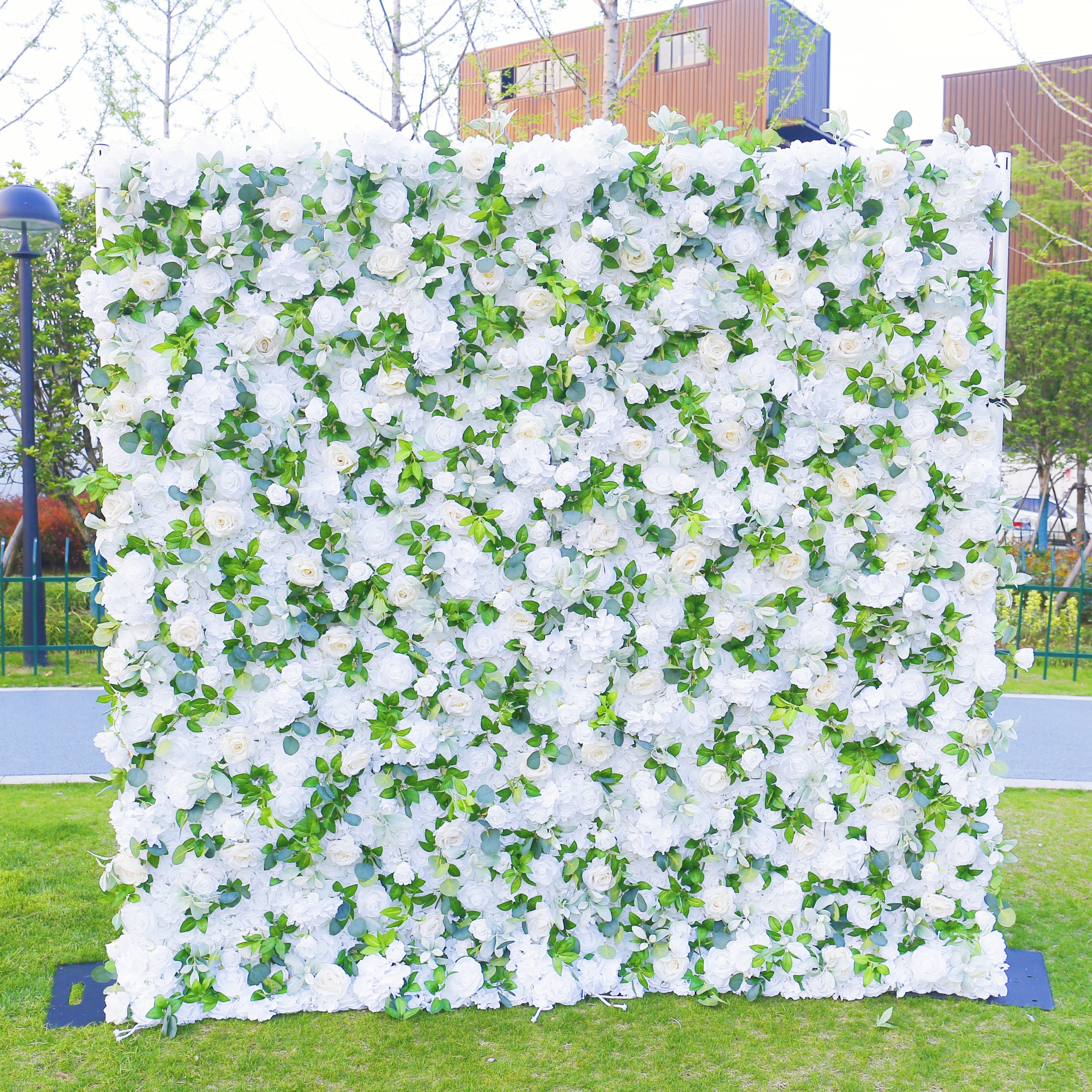 White Rose with Greenery Fabric 3D Cloth Flower Wall Backdrop ACFW-103