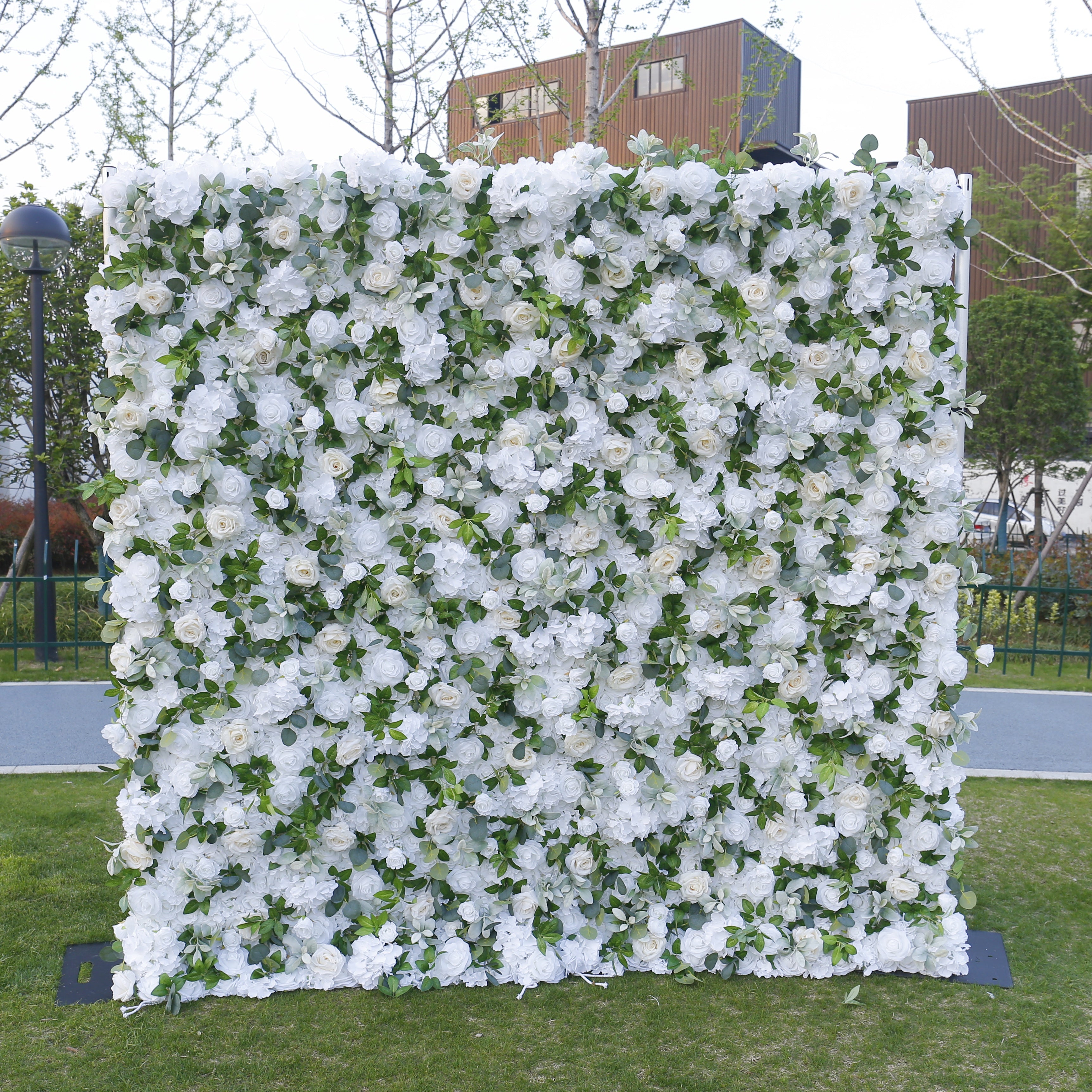 White Rose with Greenery Fabric 3D Cloth Flower Wall Backdrop ACFW-103