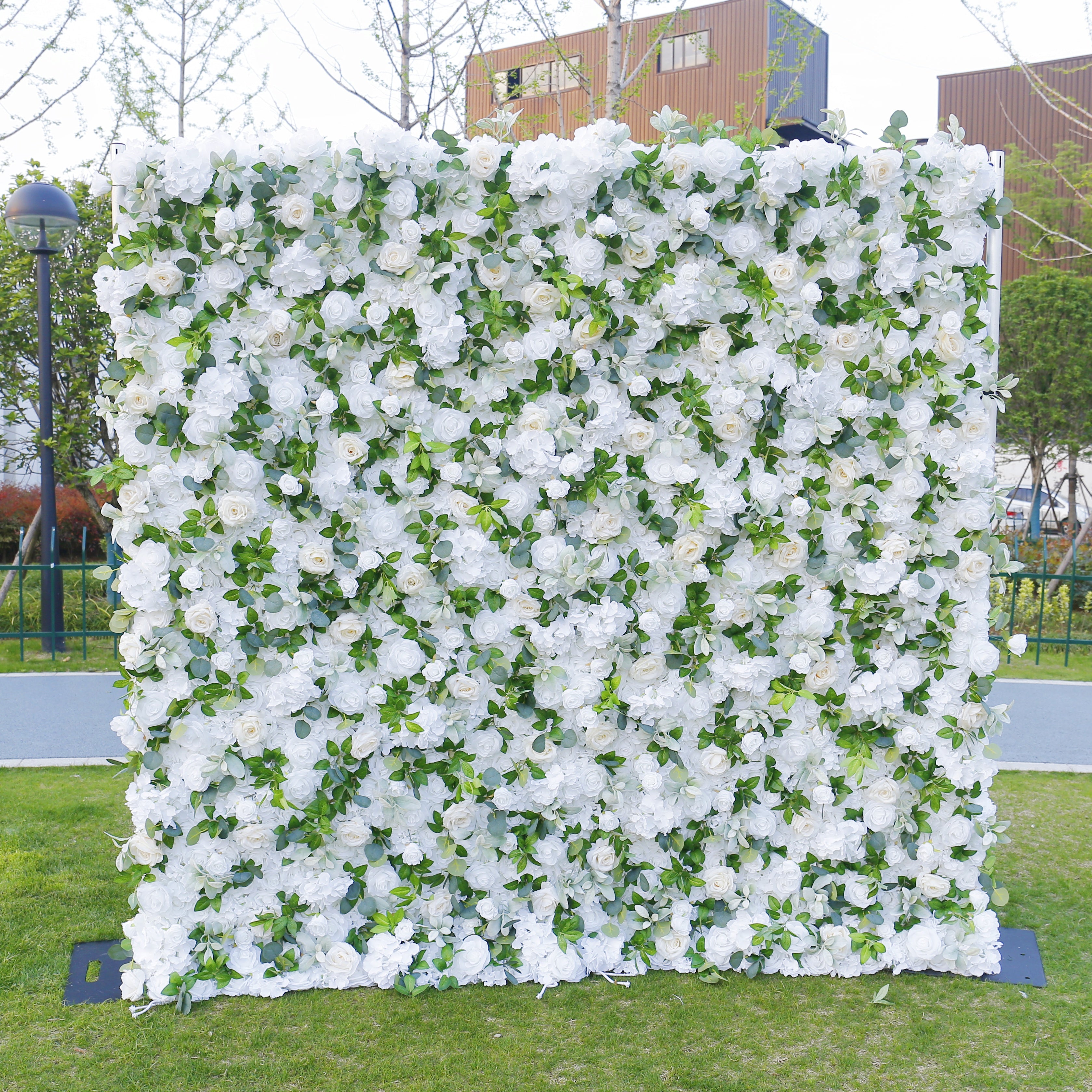 White Rose with Greenery Fabric 3D Cloth Flower Wall Backdrop ACFW-103