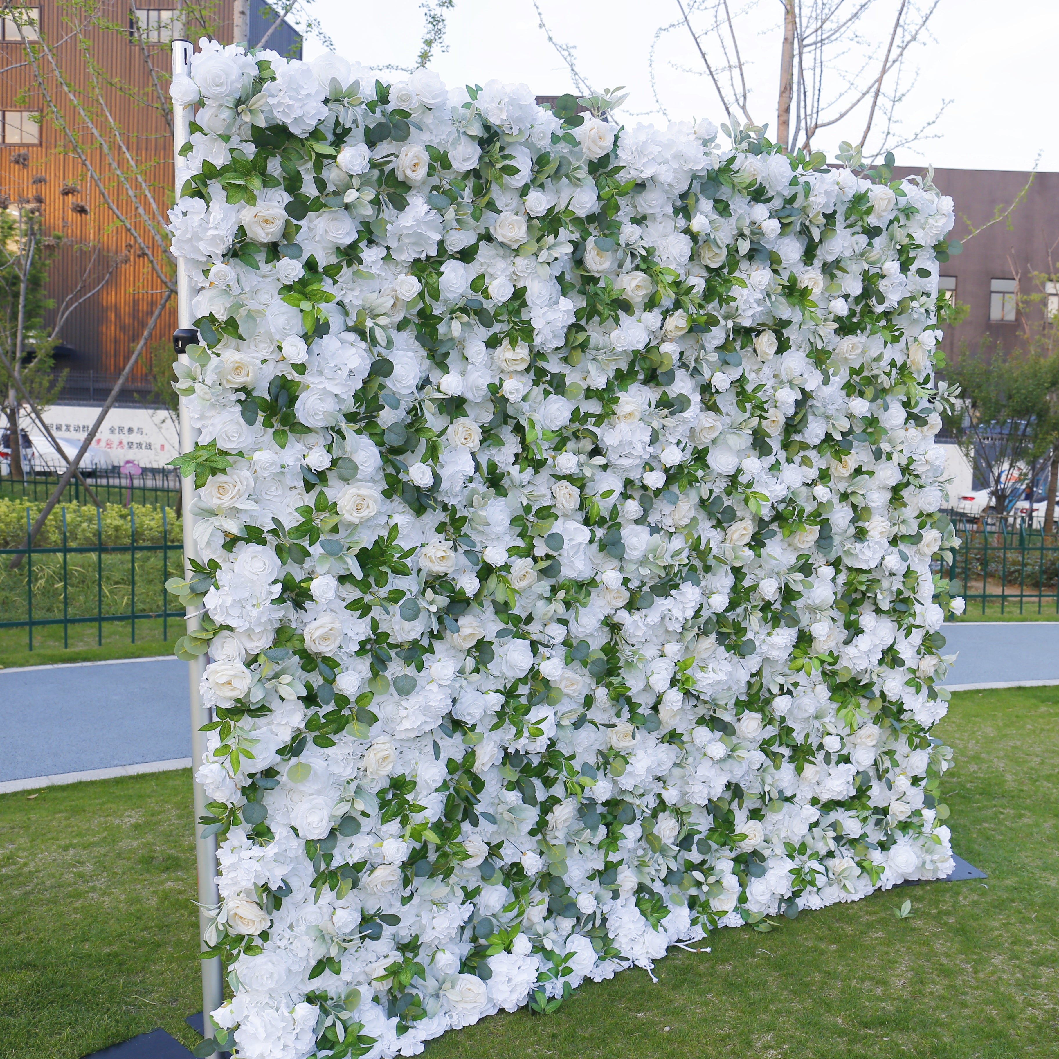 White Rose with Greenery Fabric 3D Cloth Flower Wall Backdrop ACFW-103