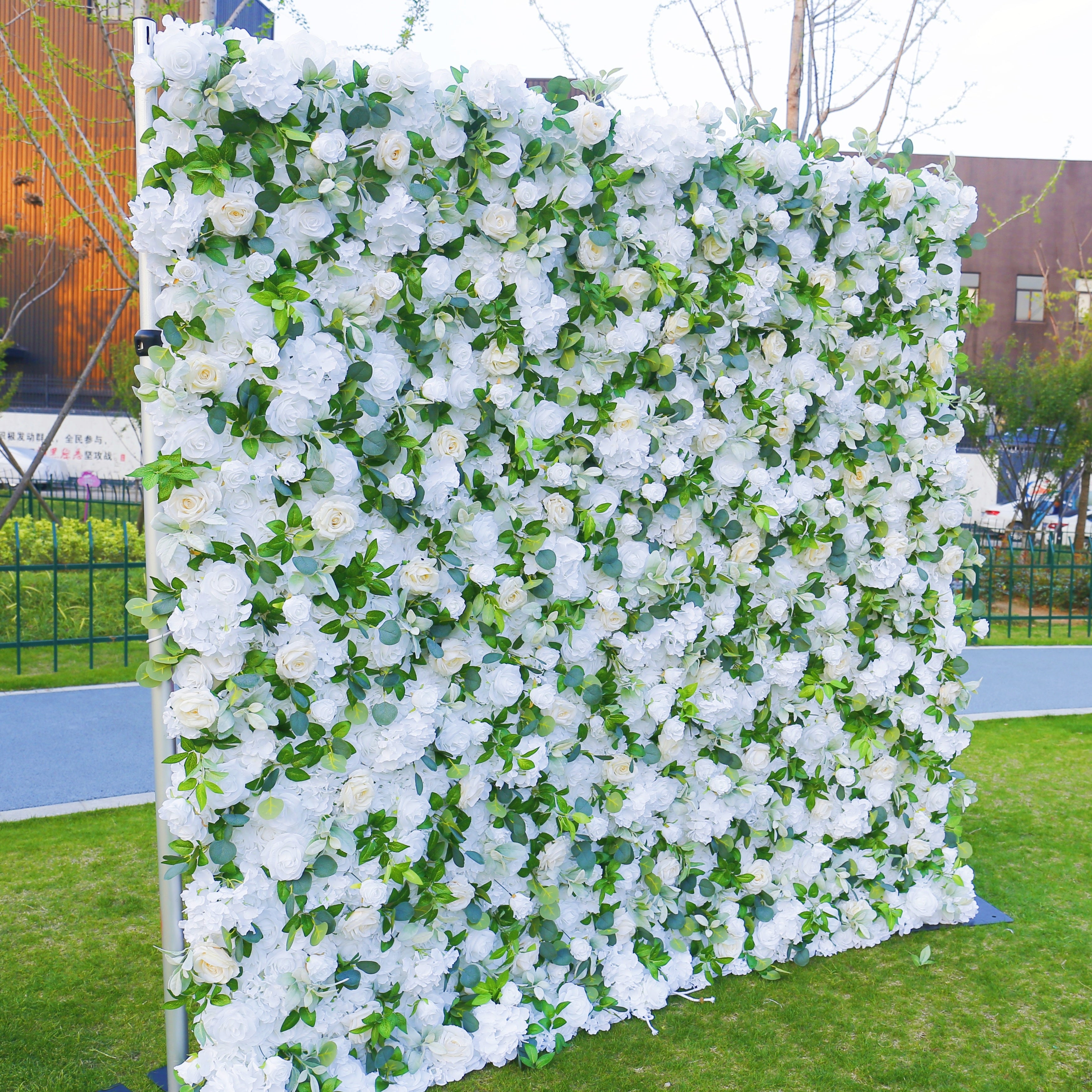 White Rose with Greenery Fabric 3D Cloth Flower Wall Backdrop ACFW-103