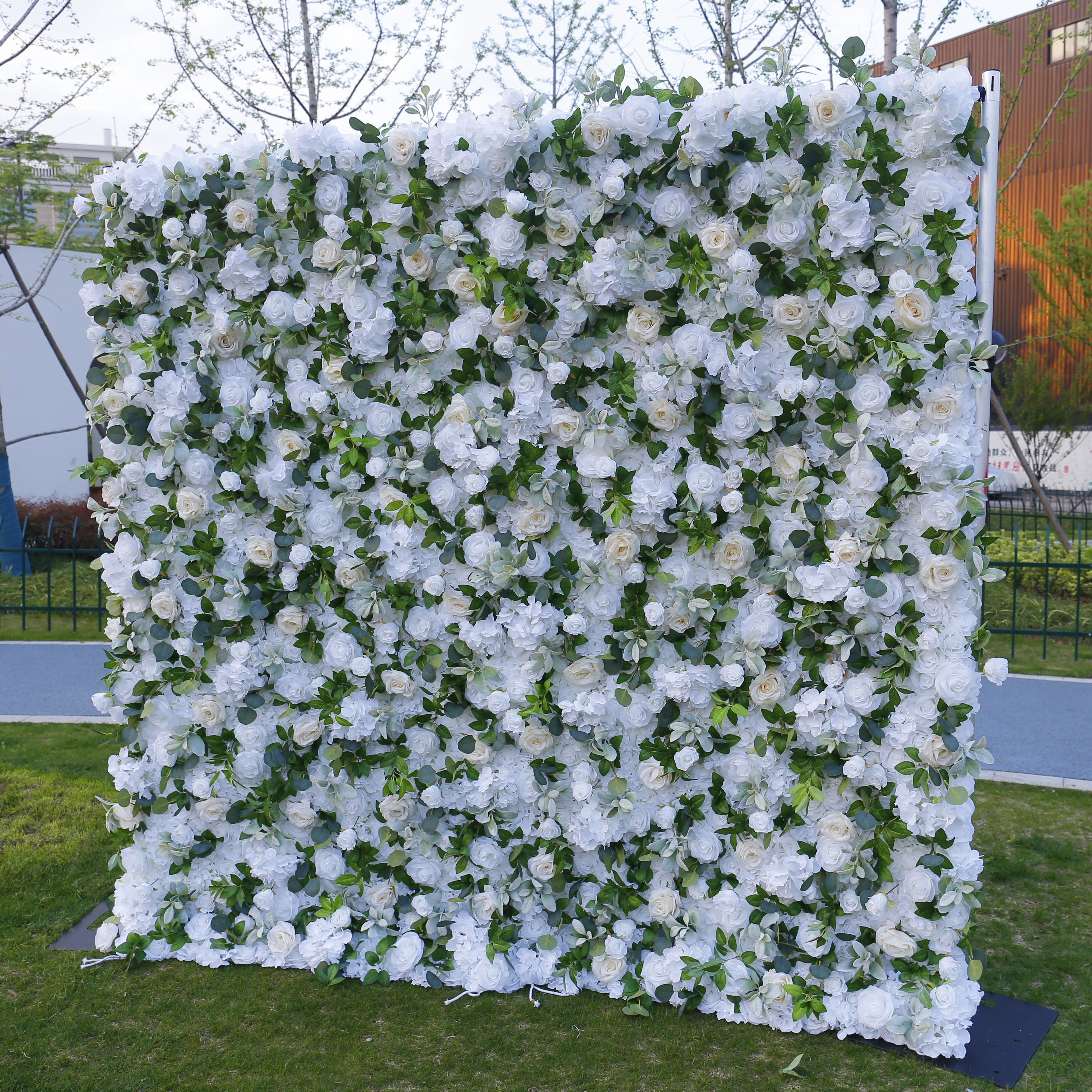 White Rose with Greenery Fabric 3D Cloth Flower Wall Backdrop ACFW-103
