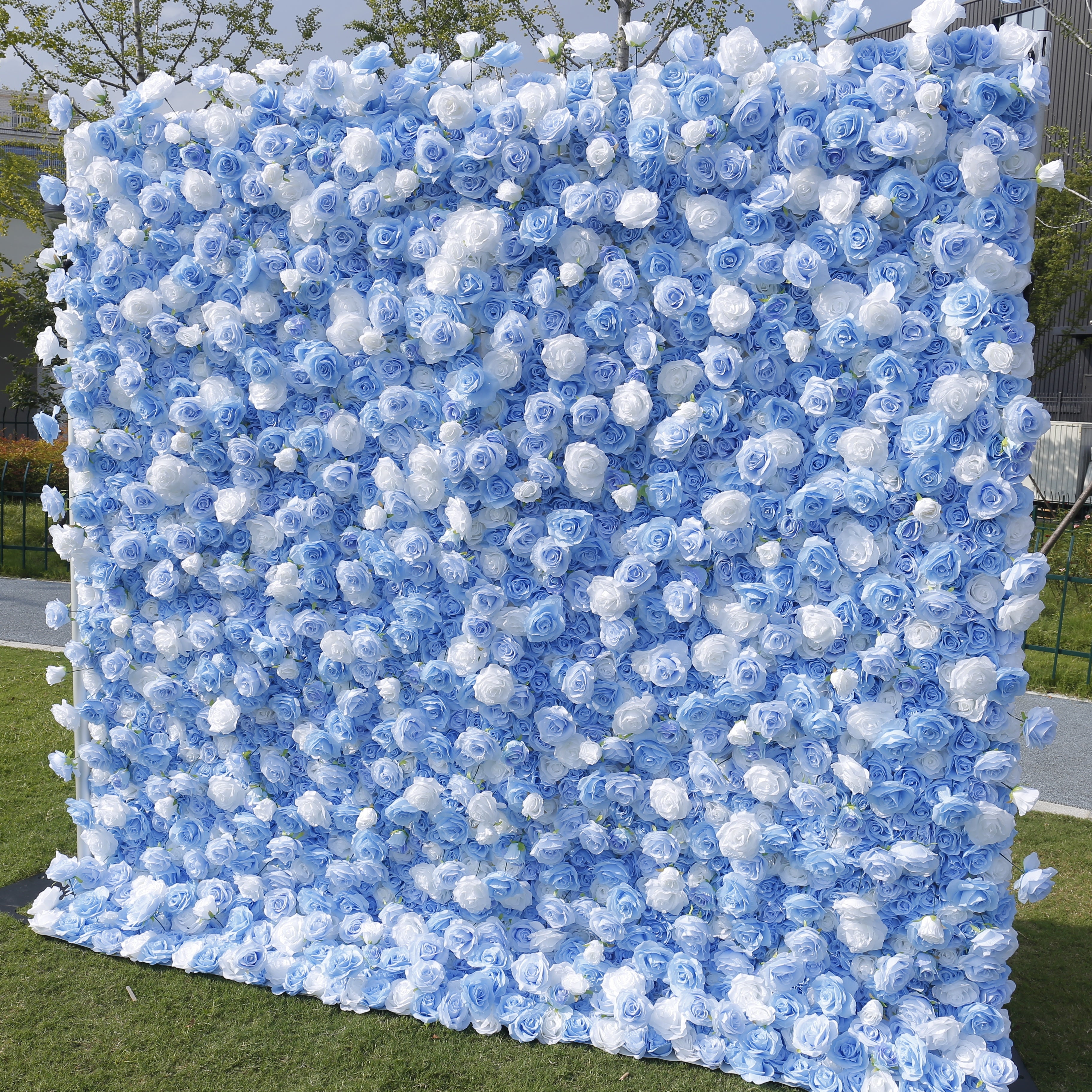 5D Blue & White Silk Roses Rolling Up Artificial Flower Wall Backdrop ACFW-123