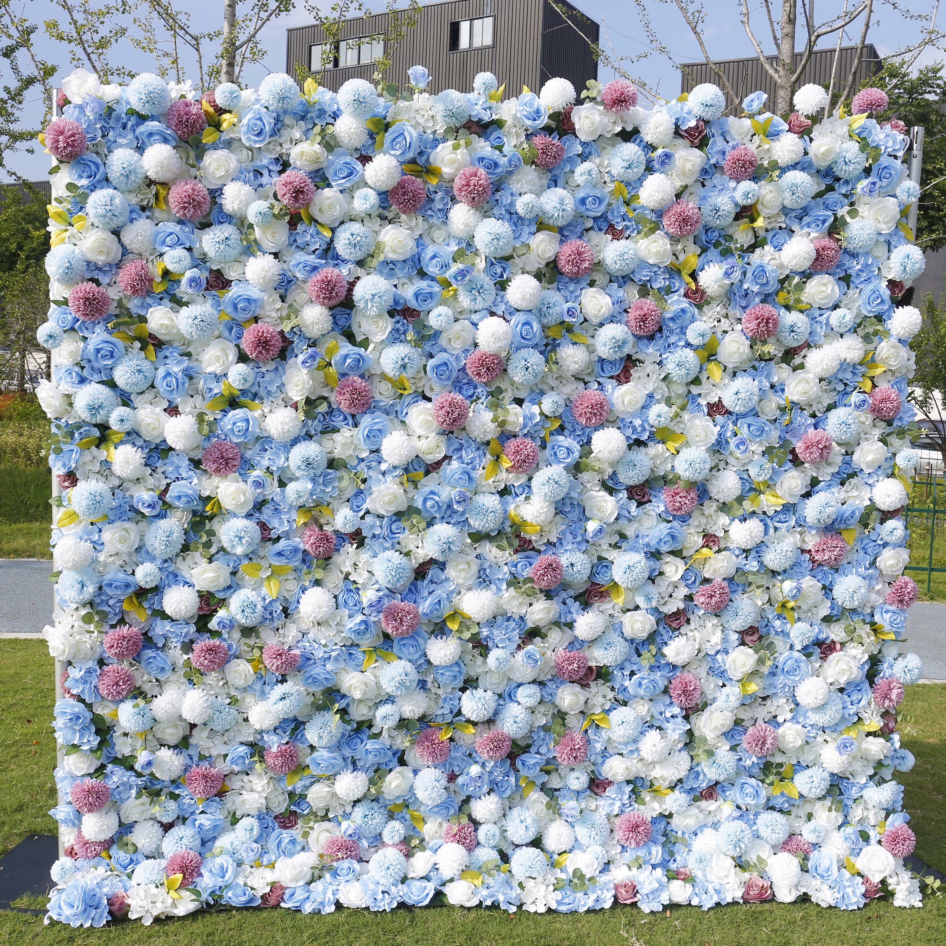 5D Blue Rose With Lovely Pompon Roll Up Curtain Flower Wall ACFW-124