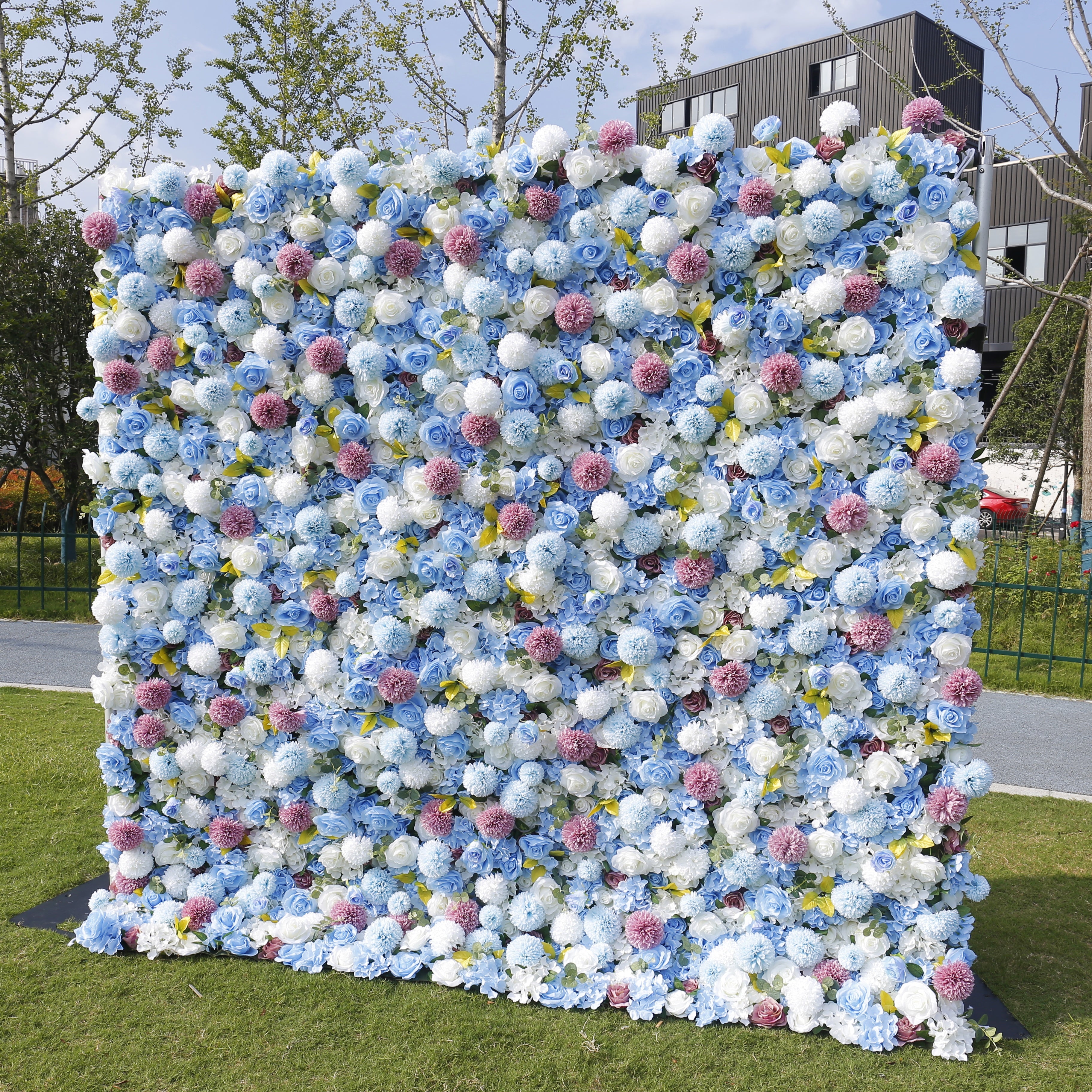 5D Blue Rose With Lovely Pompon Roll Up Curtain Flower Wall ACFW-124