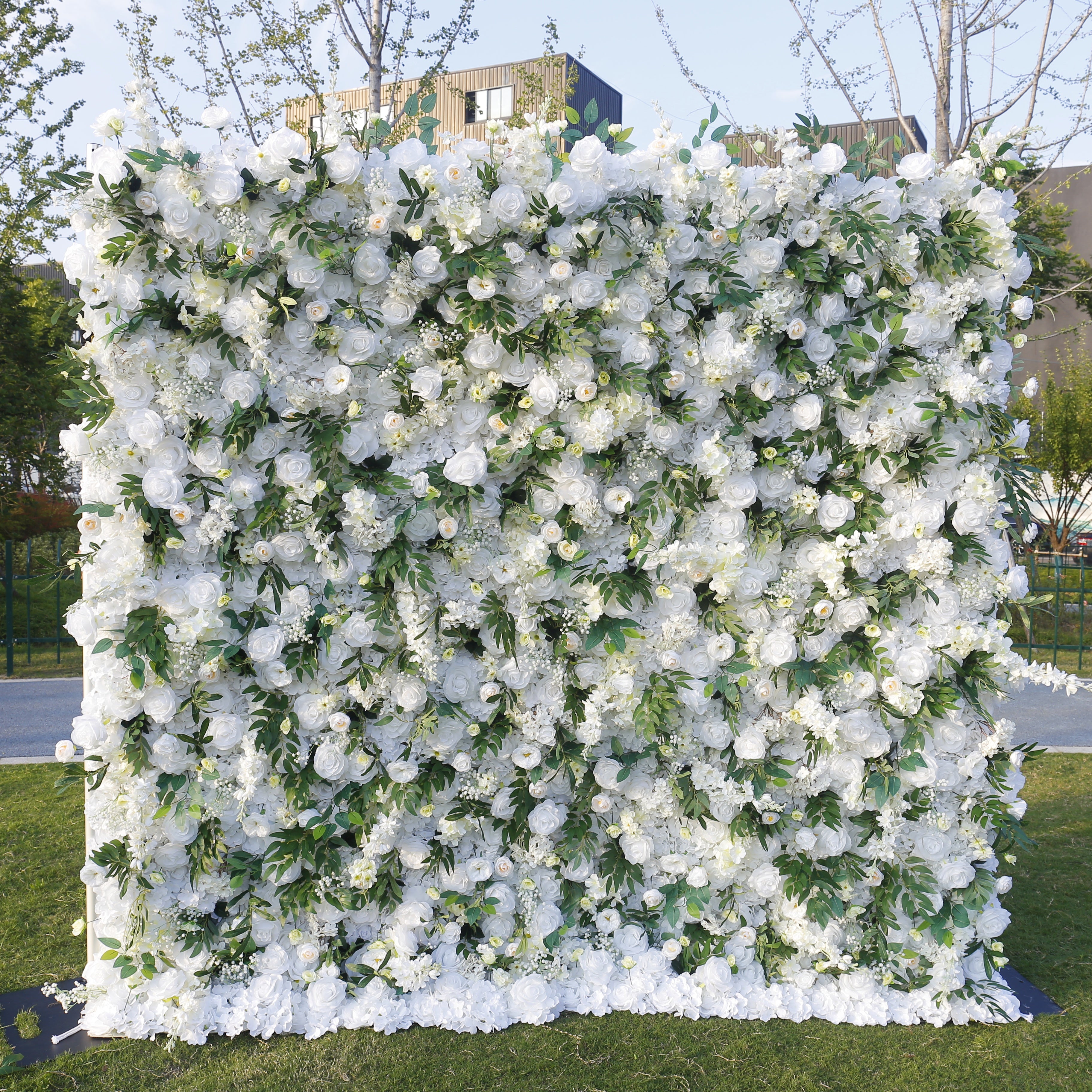 White Rose with Greenery Hanging Cloth 3D Flower Wall Backdrop ACFW-126