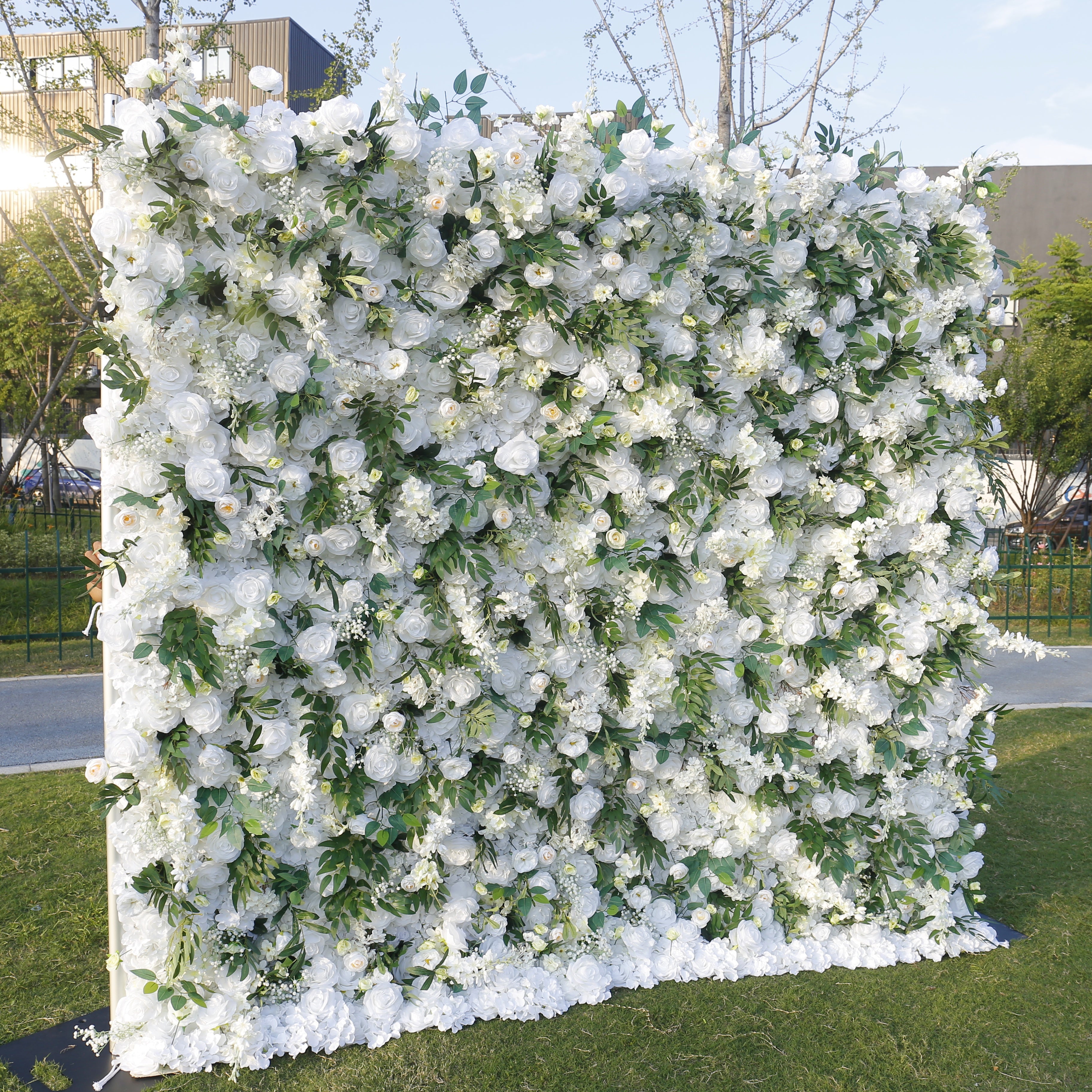 White Rose with Greenery Hanging Cloth 3D Flower Wall Backdrop ACFW-126