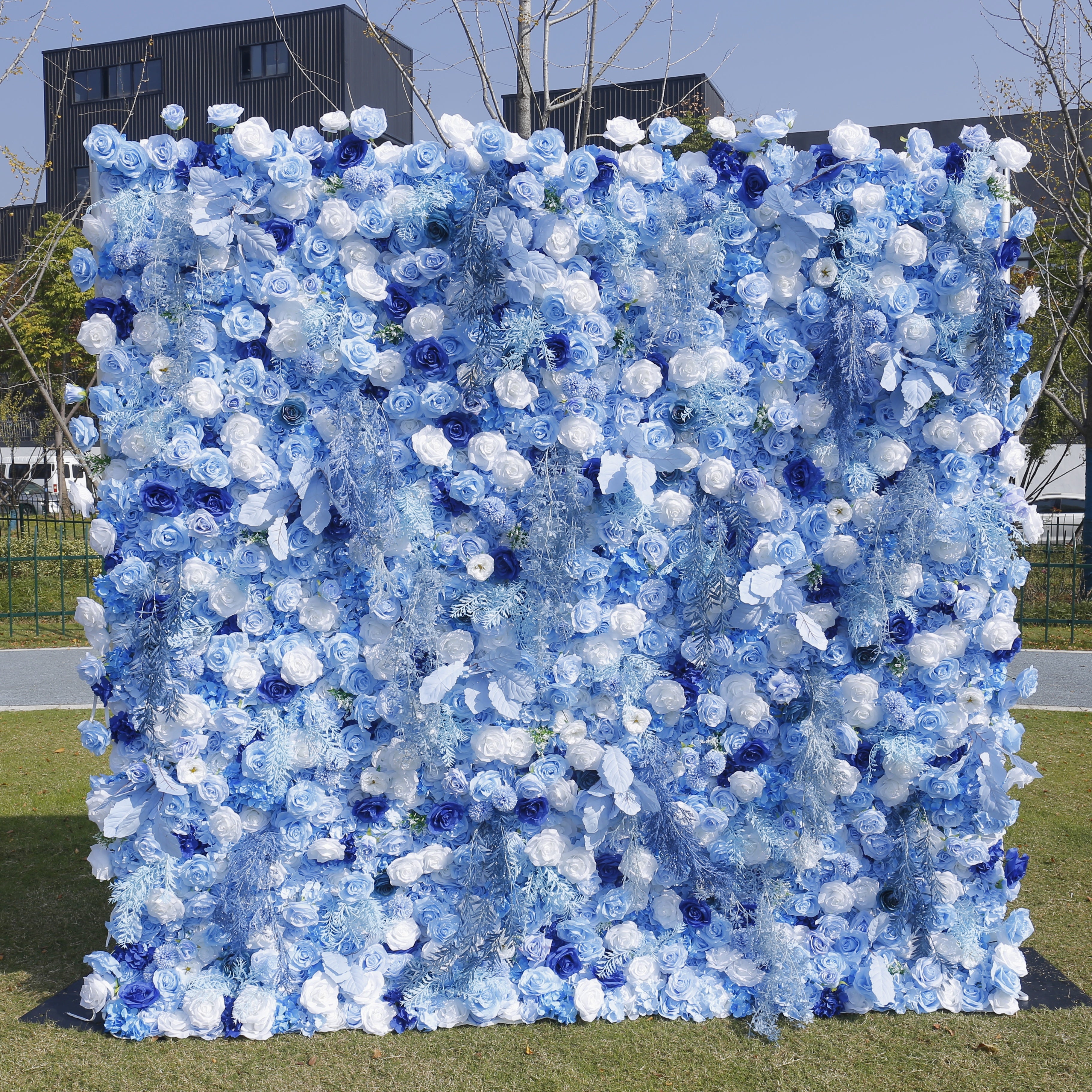 8x8ft White Light Blue Rose Roll Up Curtain Flower Wall Backdrop ACFW-135