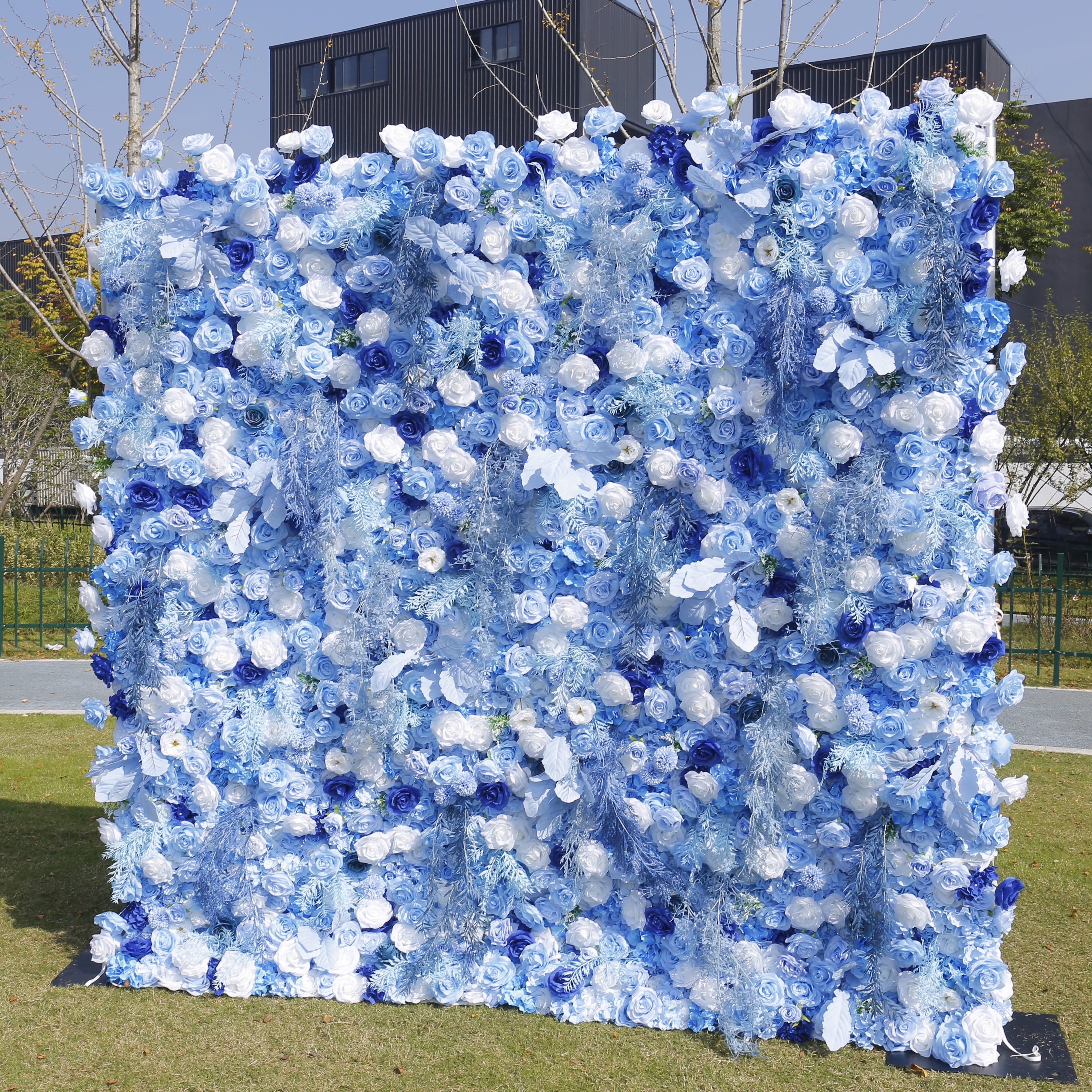 8x8ft White Light Blue Rose Roll Up Curtain Flower Wall Backdrop ACFW-135