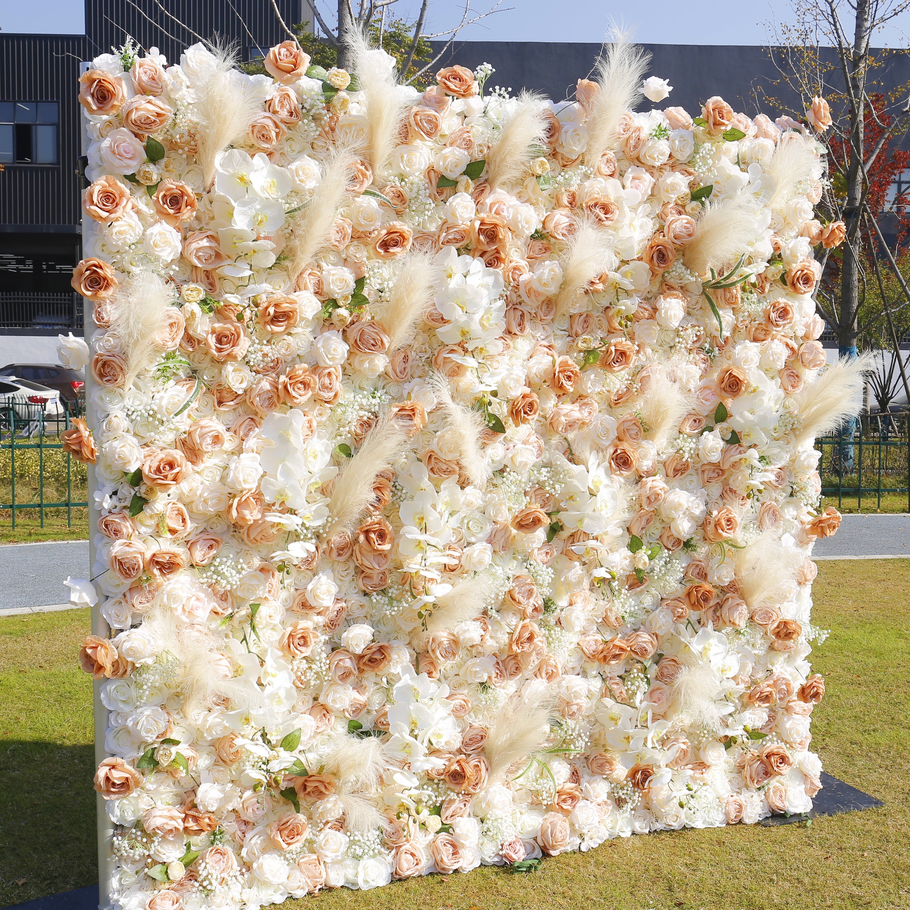 Artificial Champagne Rose Pampas Grass Roll Up Flower Wall  Backdrop ACFW-136