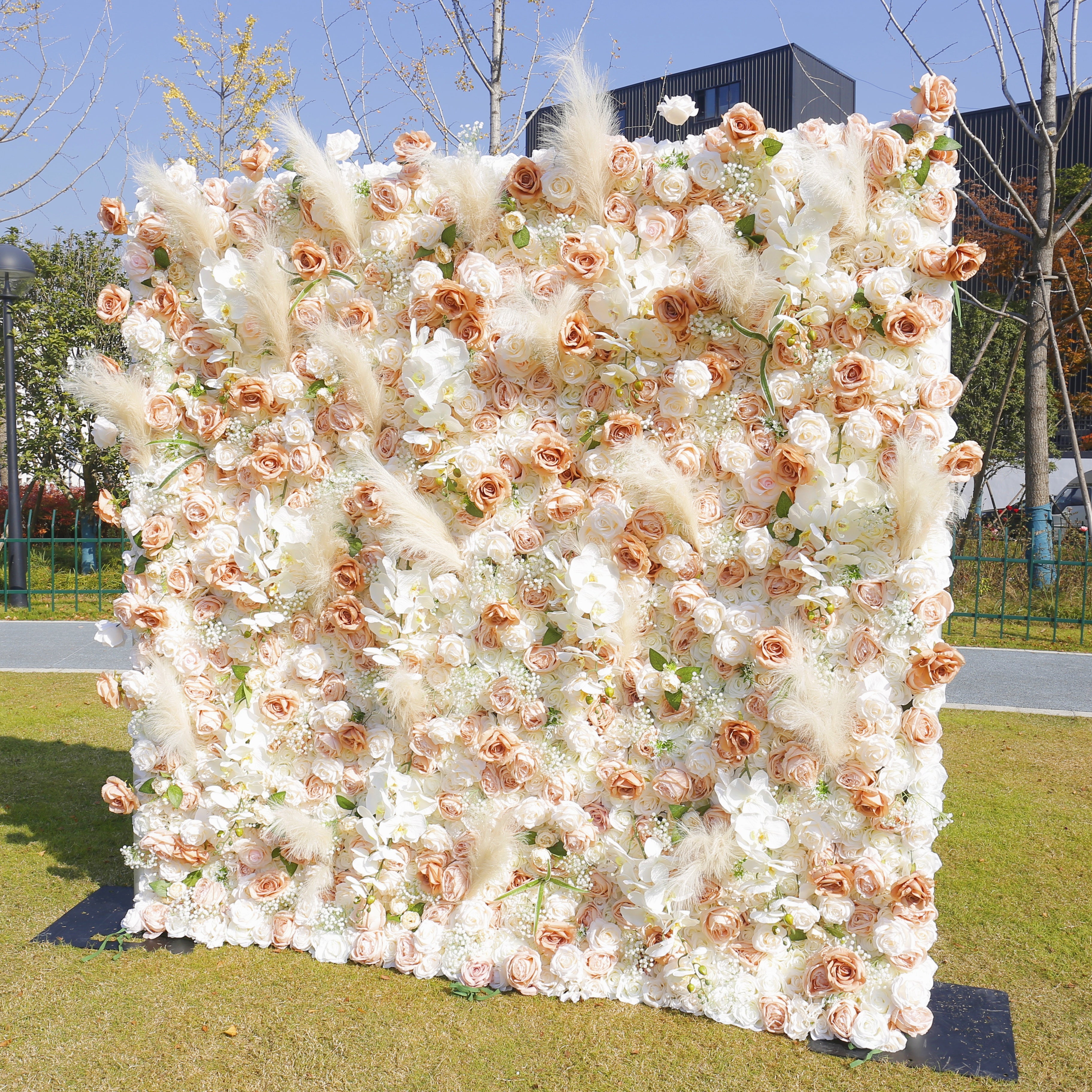 Artificial Champagne Rose Pampas Grass Roll Up Flower Wall  Backdrop ACFW-136