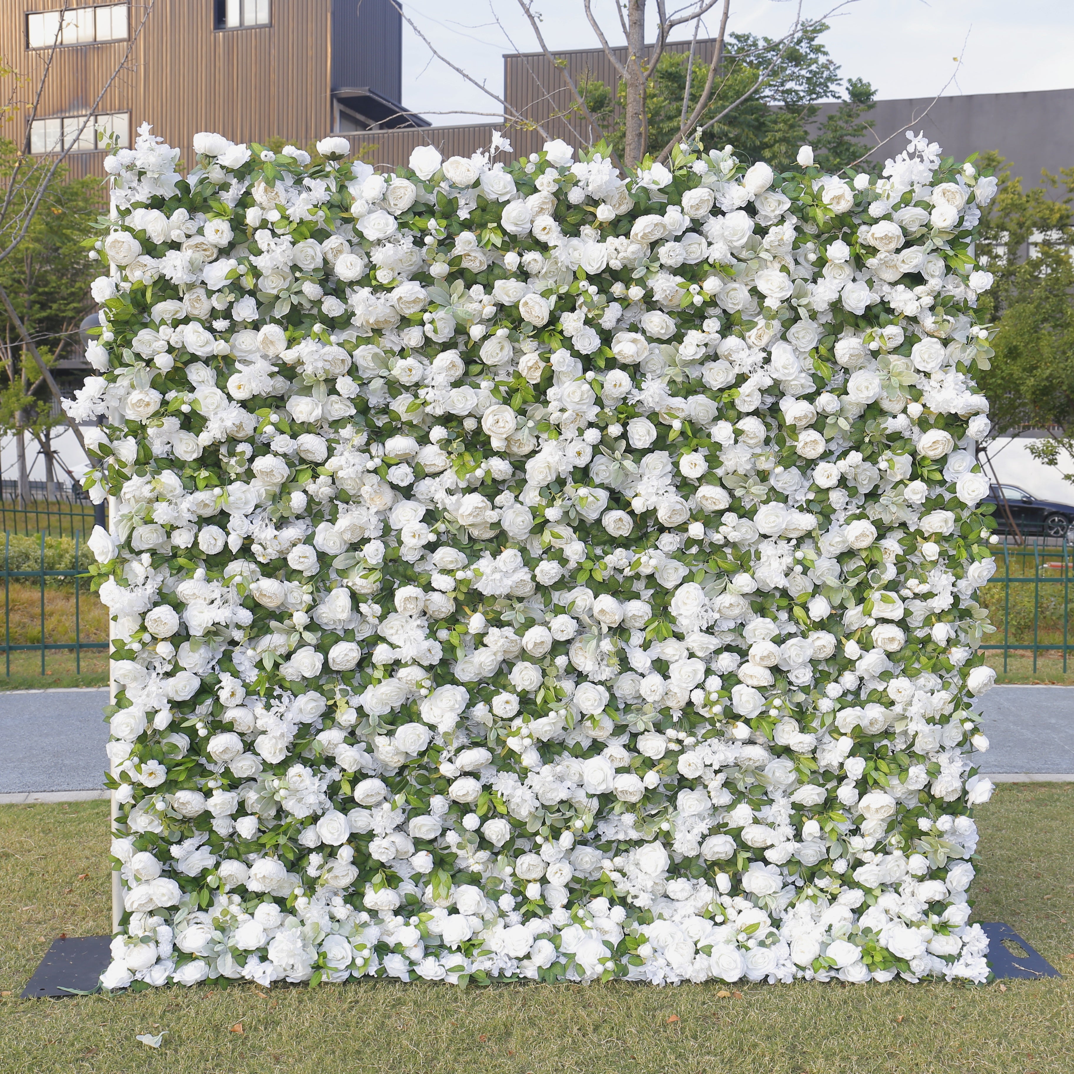 White Rose with Greenery Cloth 3D Artificial Flower Wall Backdrop ACFW