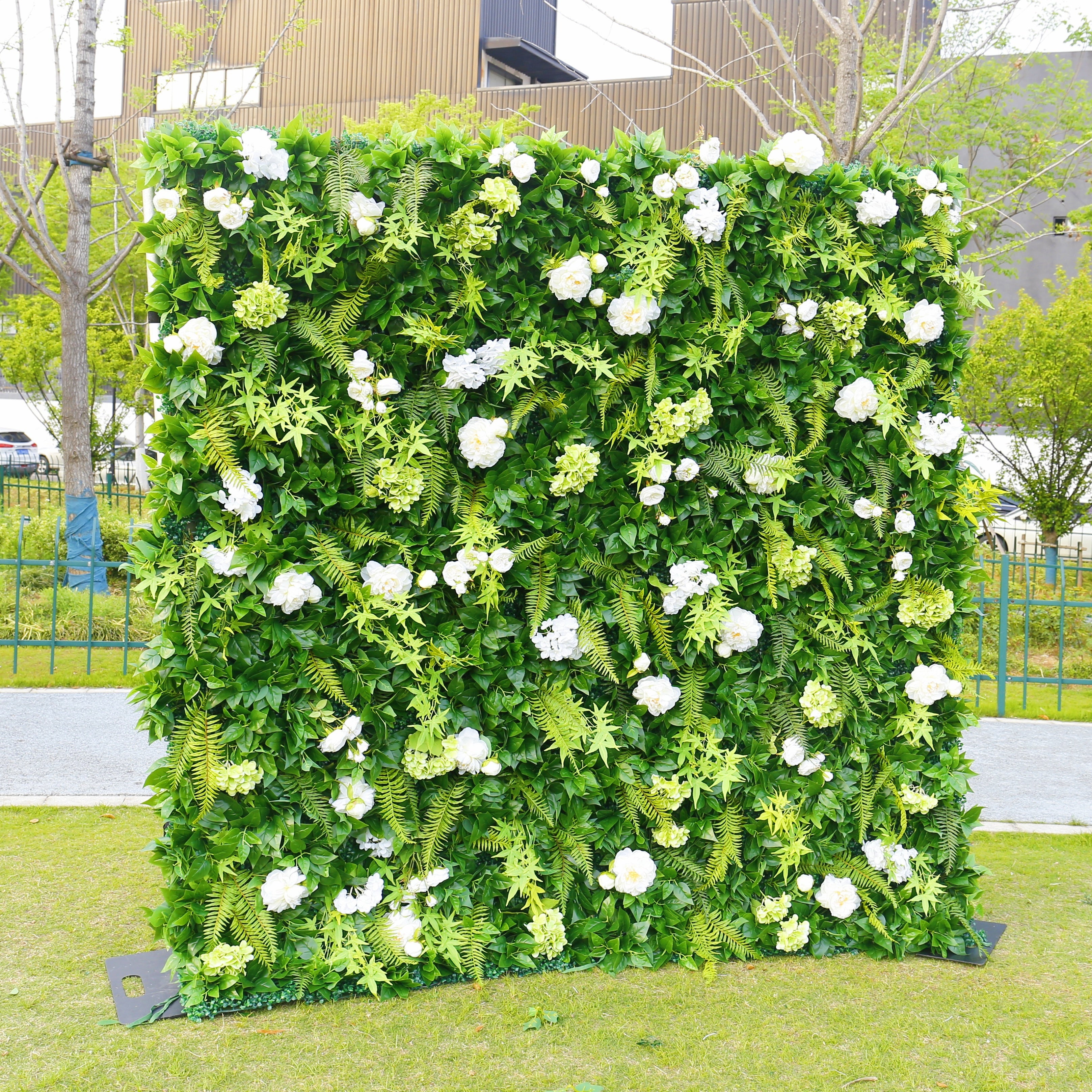 Green Leaves with White Flowers Fabric Roll Up Flower Wall ACFW-162
