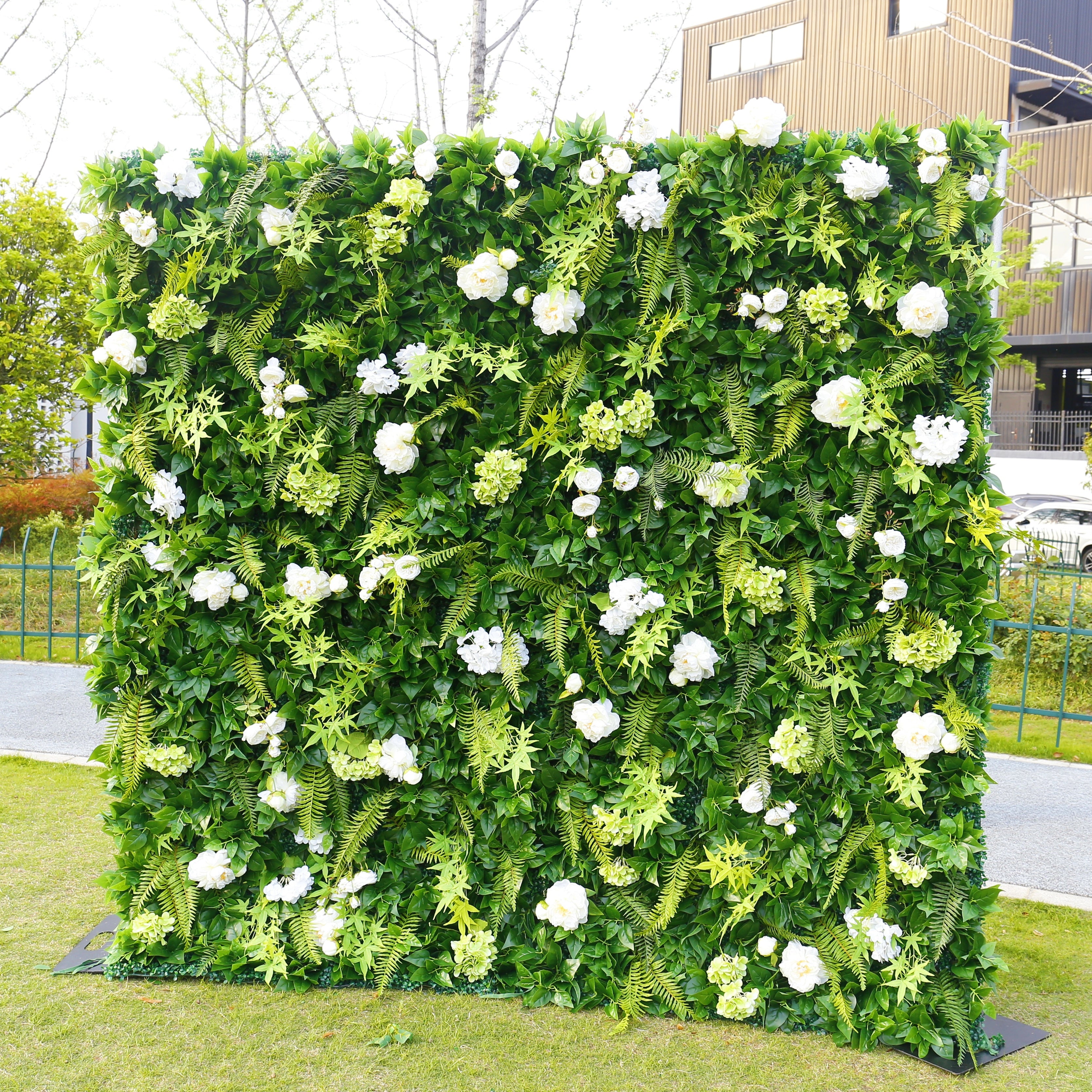 Green Leaves with White Flowers Fabric Roll Up Flower Wall ACFW-162