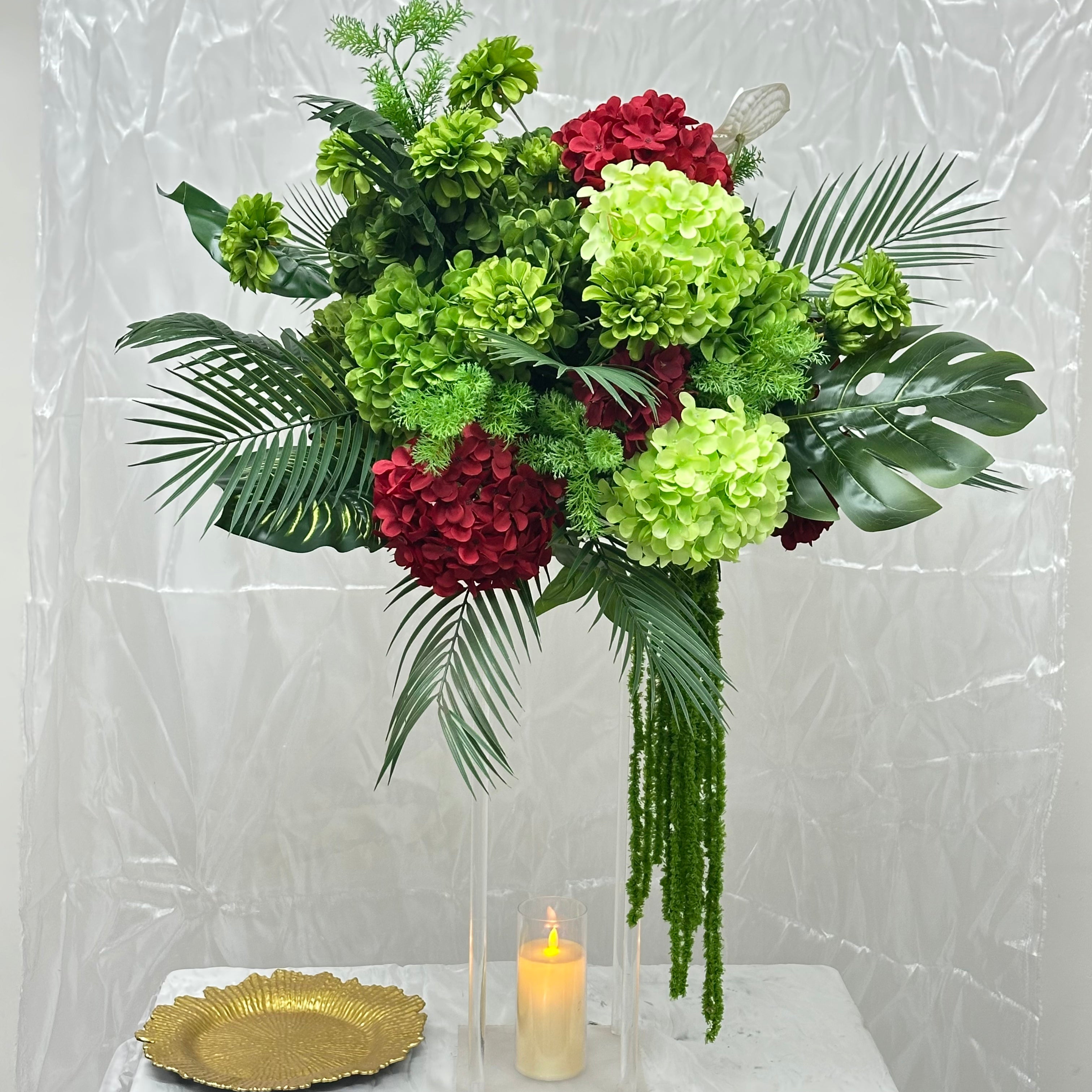 Tropical Green Floral Centerpiece with Red Accents for Wedding Decor ADFC-001