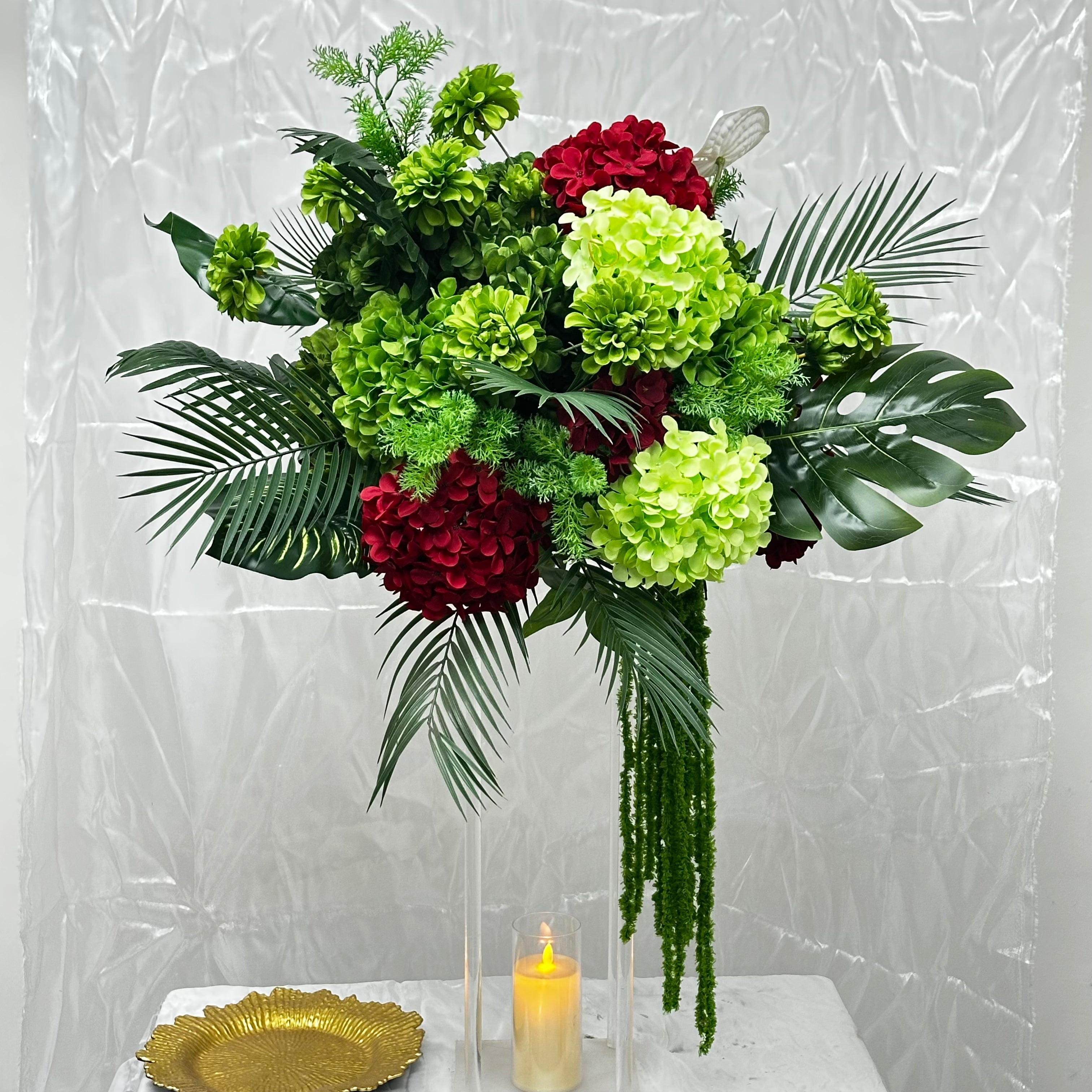 Tropical Green Floral Centerpiece with Red Accents for Wedding Decor ADFC-001