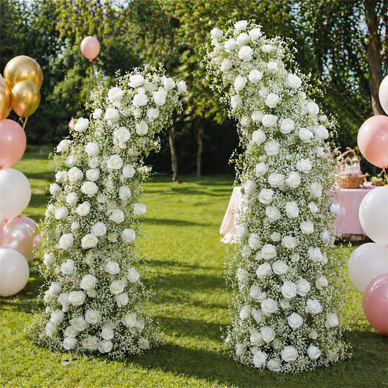 White Rose Baby’s Breath Flower Pillars for Wedding Ceremony Backdrop AEAW-005