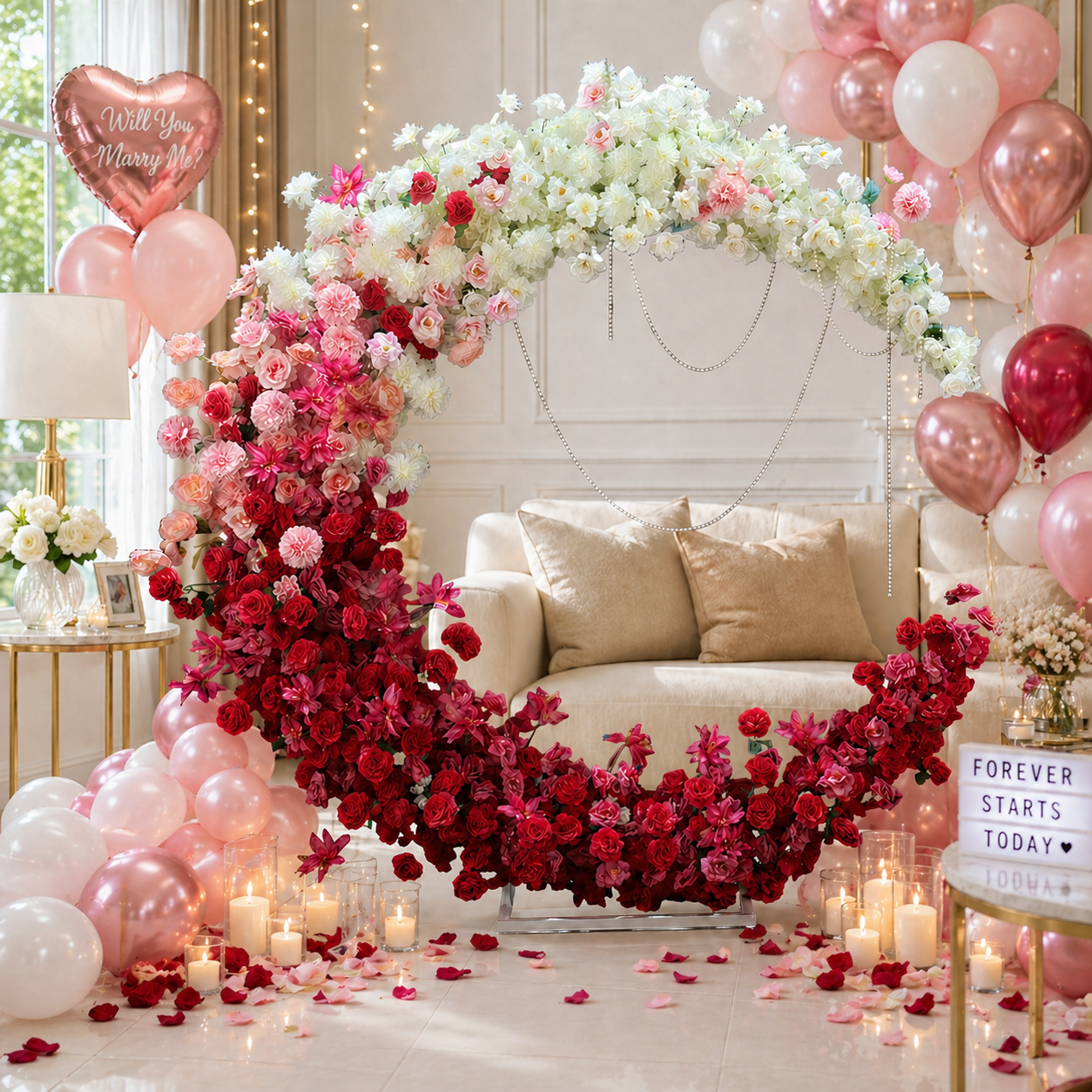 Artificial Moon Arch Flower Backdrop with Roses for Wedding Ceremony AEAW-006