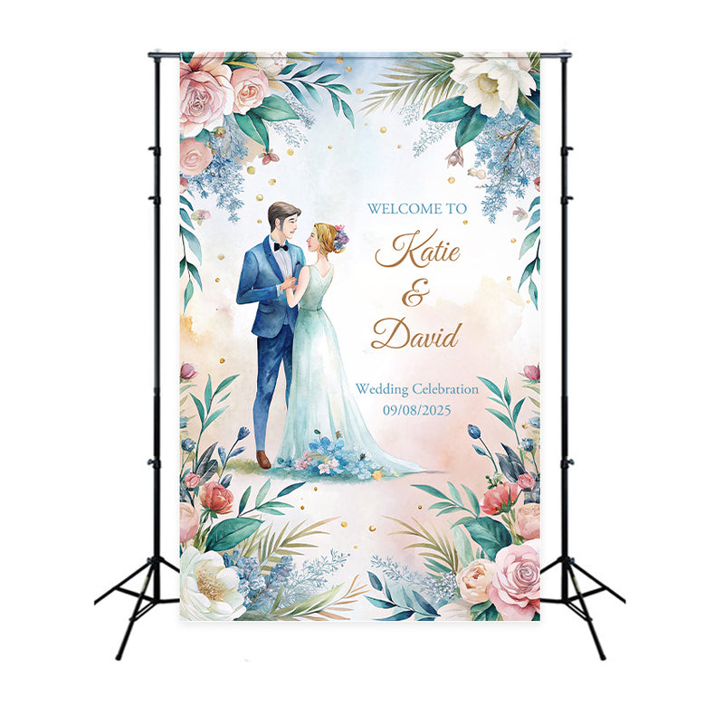 Personalized Wedding Photo Backdrop Watercolor Floral Celebration Back