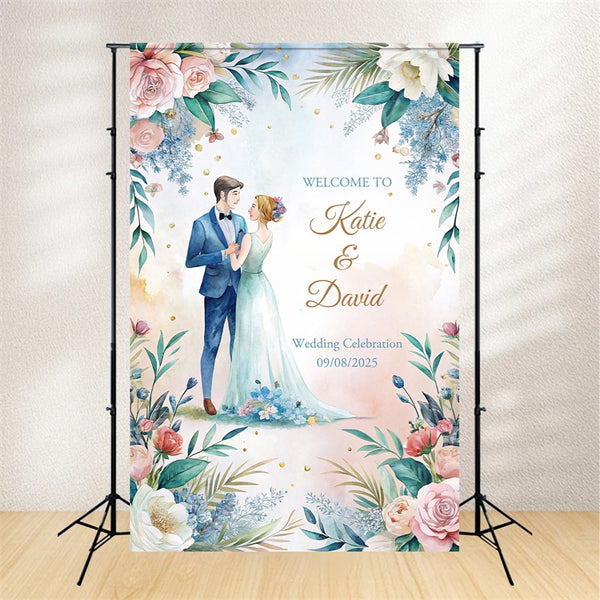 Personalized Wedding Photo Backdrop Watercolor Floral Celebration Back
