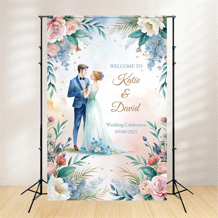 Personalized Wedding Photo Backdrop Watercolor Floral Celebration Back
