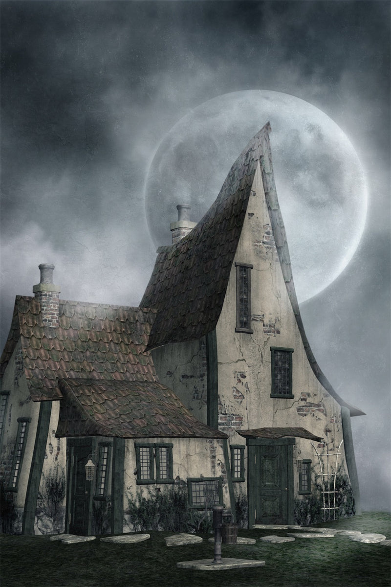 Moon Black Haunted House Halloween Photo Backdrop