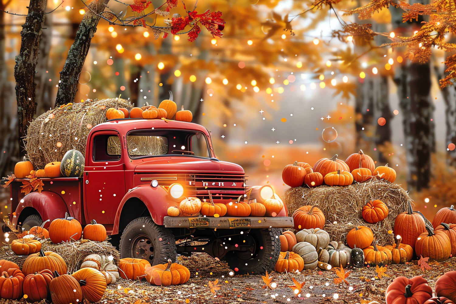 Fall Backgrdrop Fall Photography Backdrop Truck Pumpkins Hay Forest Backdrop BRP10-258