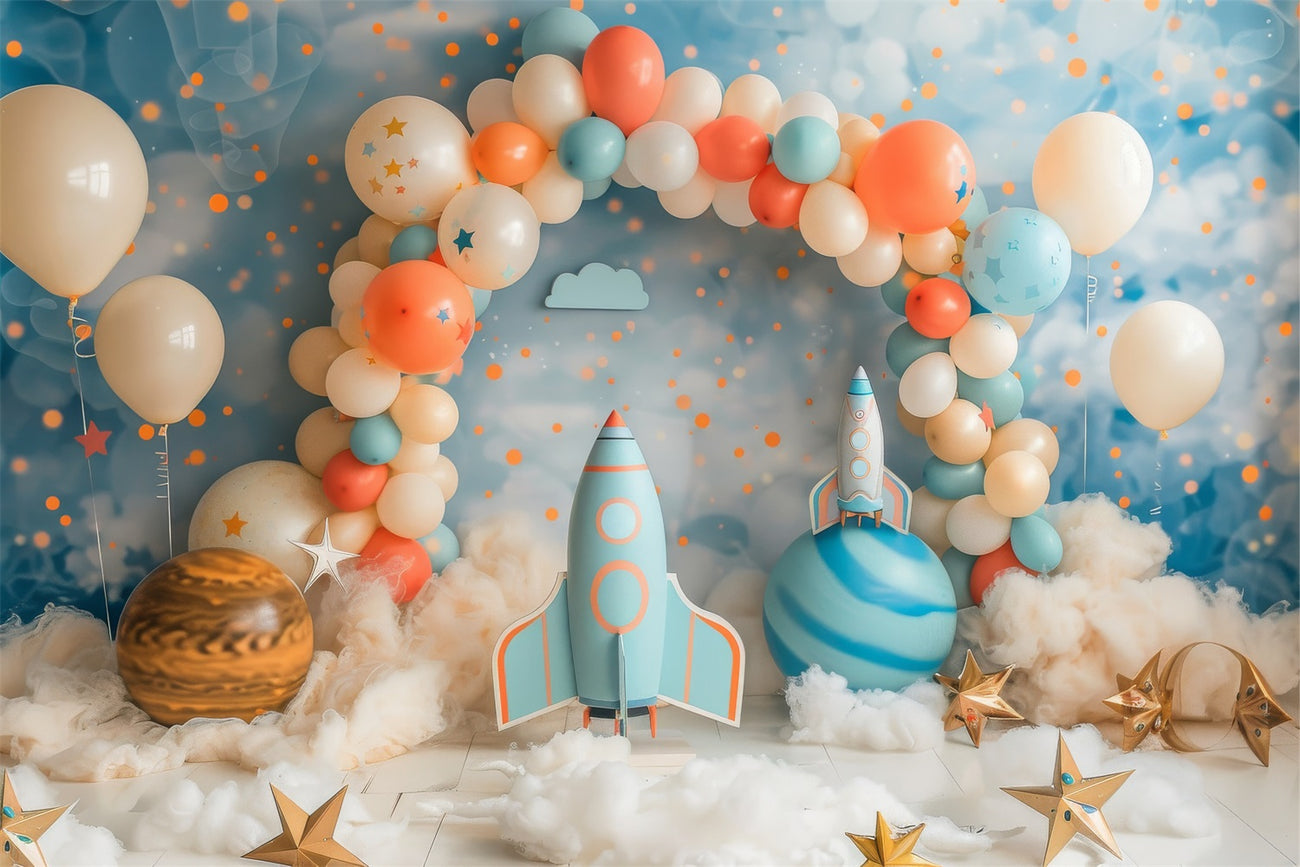 Circle Astronaut Rocket Happy Birthday Backdrop