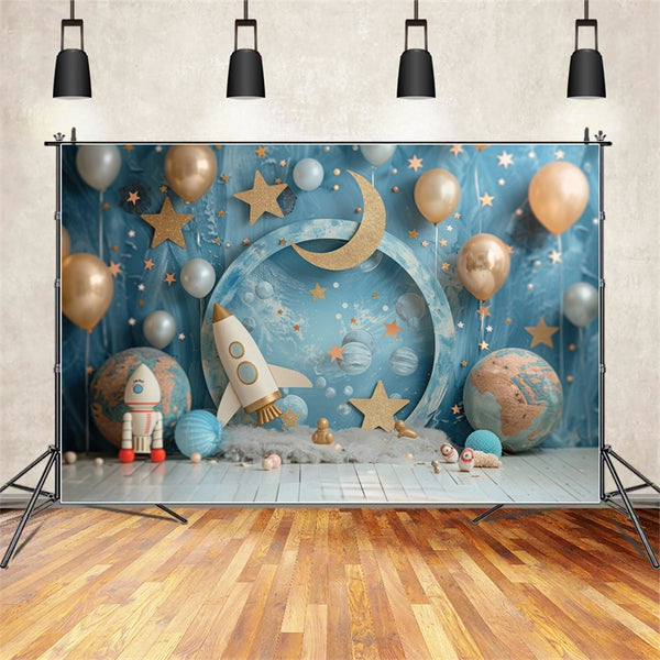 Galaxy Rocket Round Happy Birthday Backdrop For Party