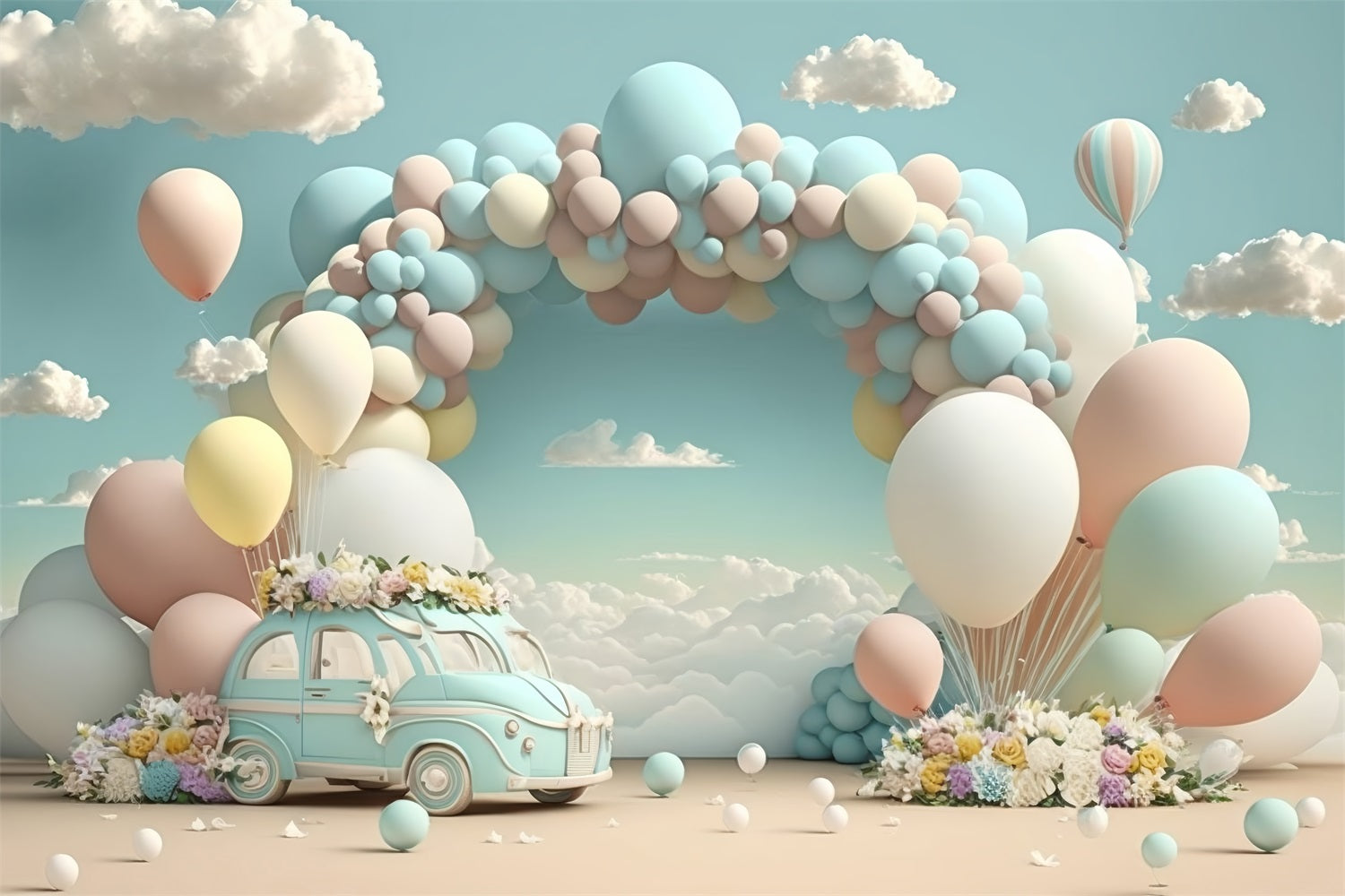 Photo Backdrops Auto Frame Backdrop For Birthday Vintage Car Balloon Cloud Backdrop BRP10-341