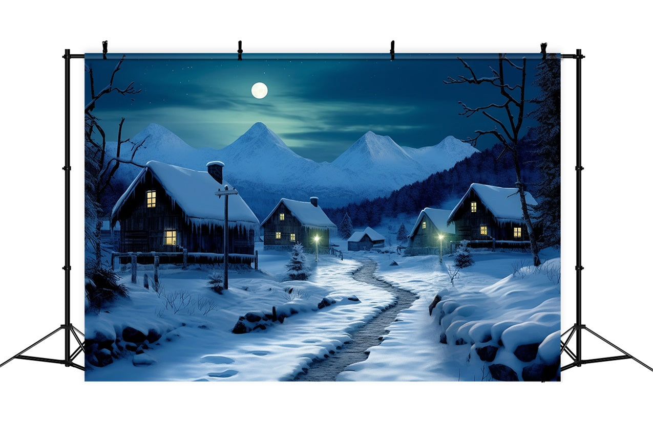 Winter Moonlit Road Cozy Snowy Cottages Backdrop BRP10-39