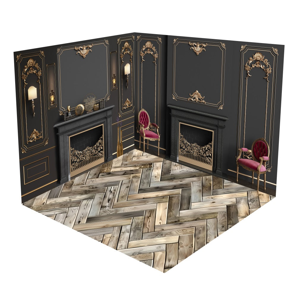 Back Drop Room Retro Black Gold Wall Fireplace Backdrop Room Set BRP10-427