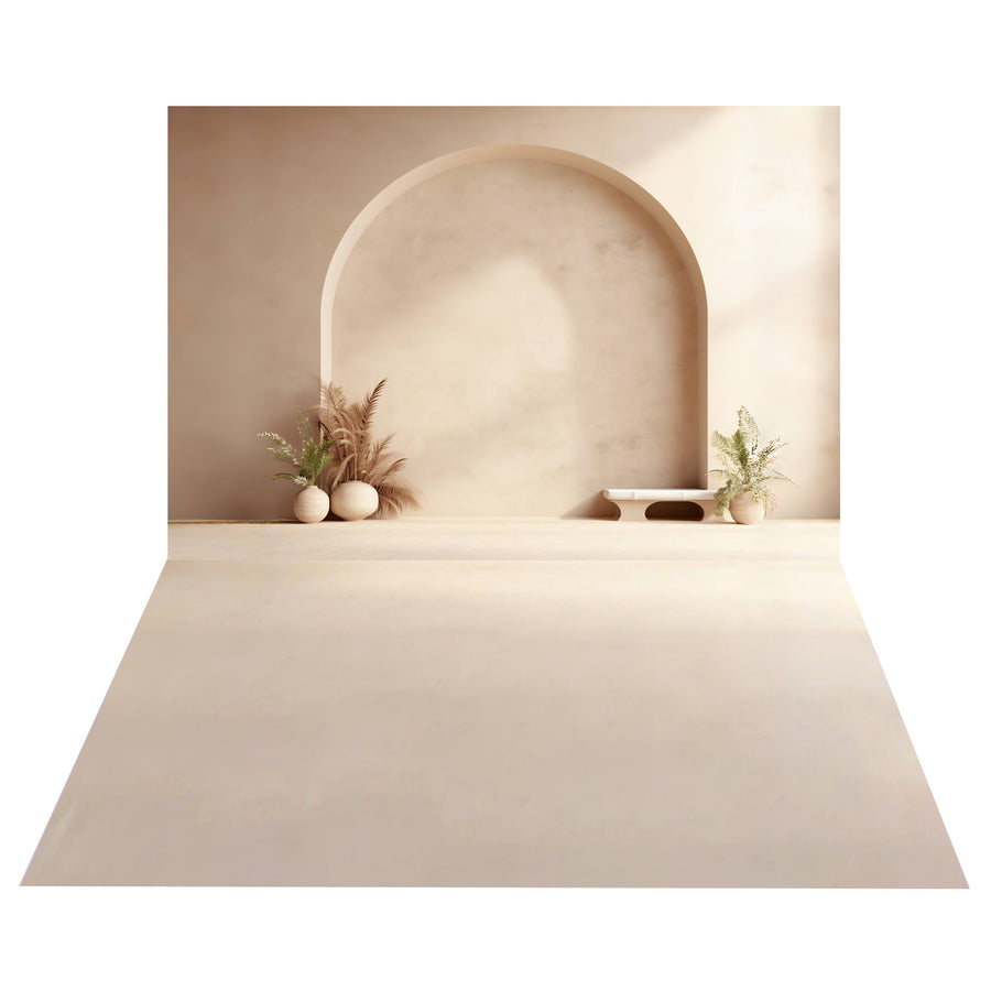 Boho Archway Floral Decor Backdrop+Textured Beige Floor Backdrop BRP10