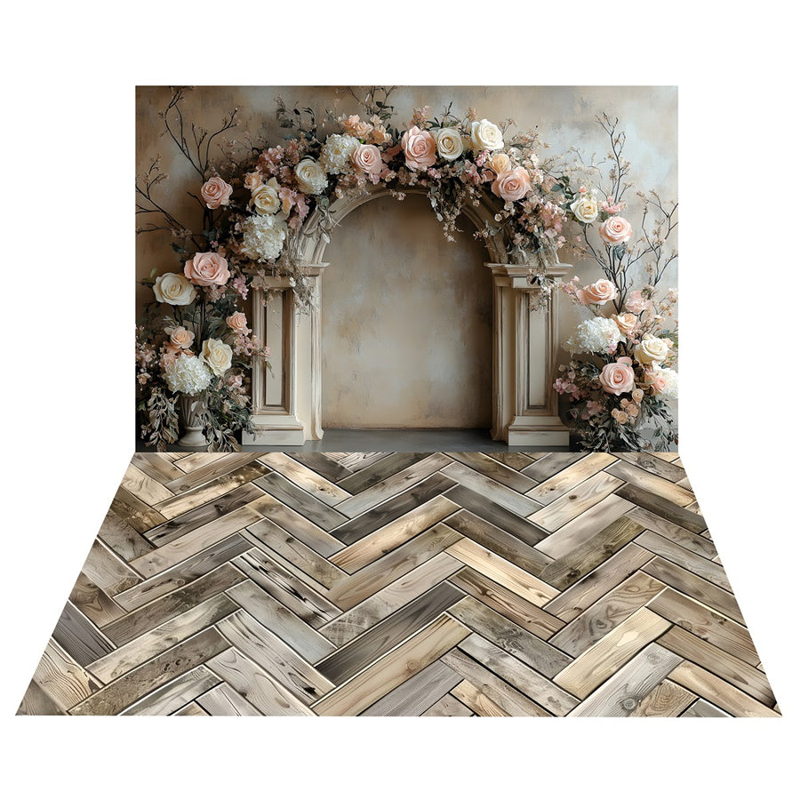 Boho French Archway Roses Backdrop+Wooden Herringbone Floor Backdrop B