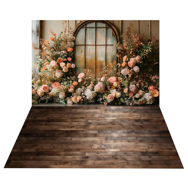 Boho Vintage Blossom Window Backdrop+Dark Wood Floor Backdrop BRP10-50
