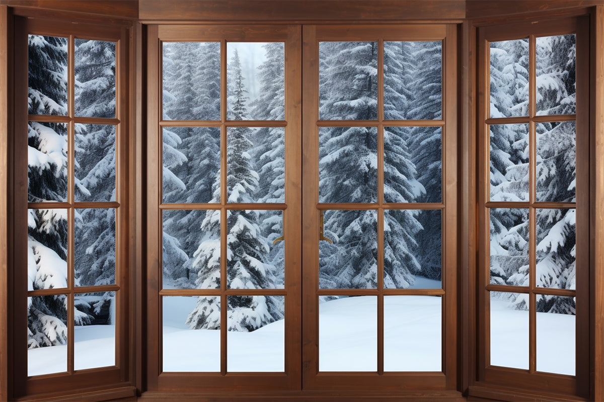 Winter Backdrop Ideas Snowy Pine Forest Through Window Backdrop BRP11-