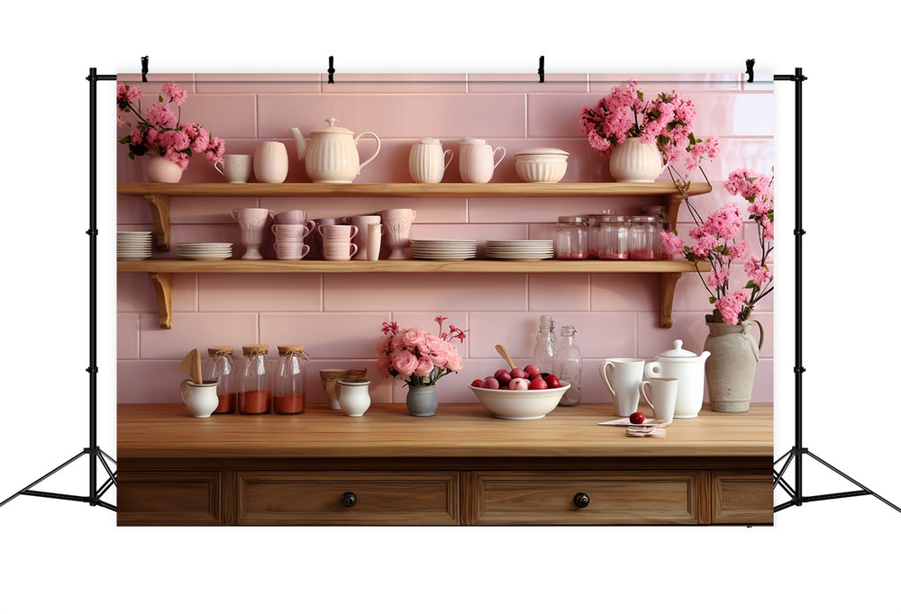 Valentine Photography Backdrop Pink Shelves Kitchen Display Backdrop B