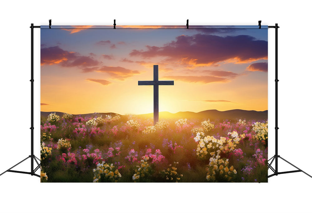 Easter Photography Backdrop Vibrant Blooming Meadow Cross Backdrop BRP