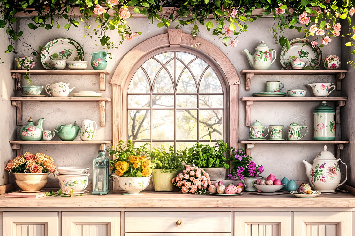 Kitchen Photo Box Backdrop Easter Themed Backdrop Kitchen Shelves Floral Backdrop BRP11-344