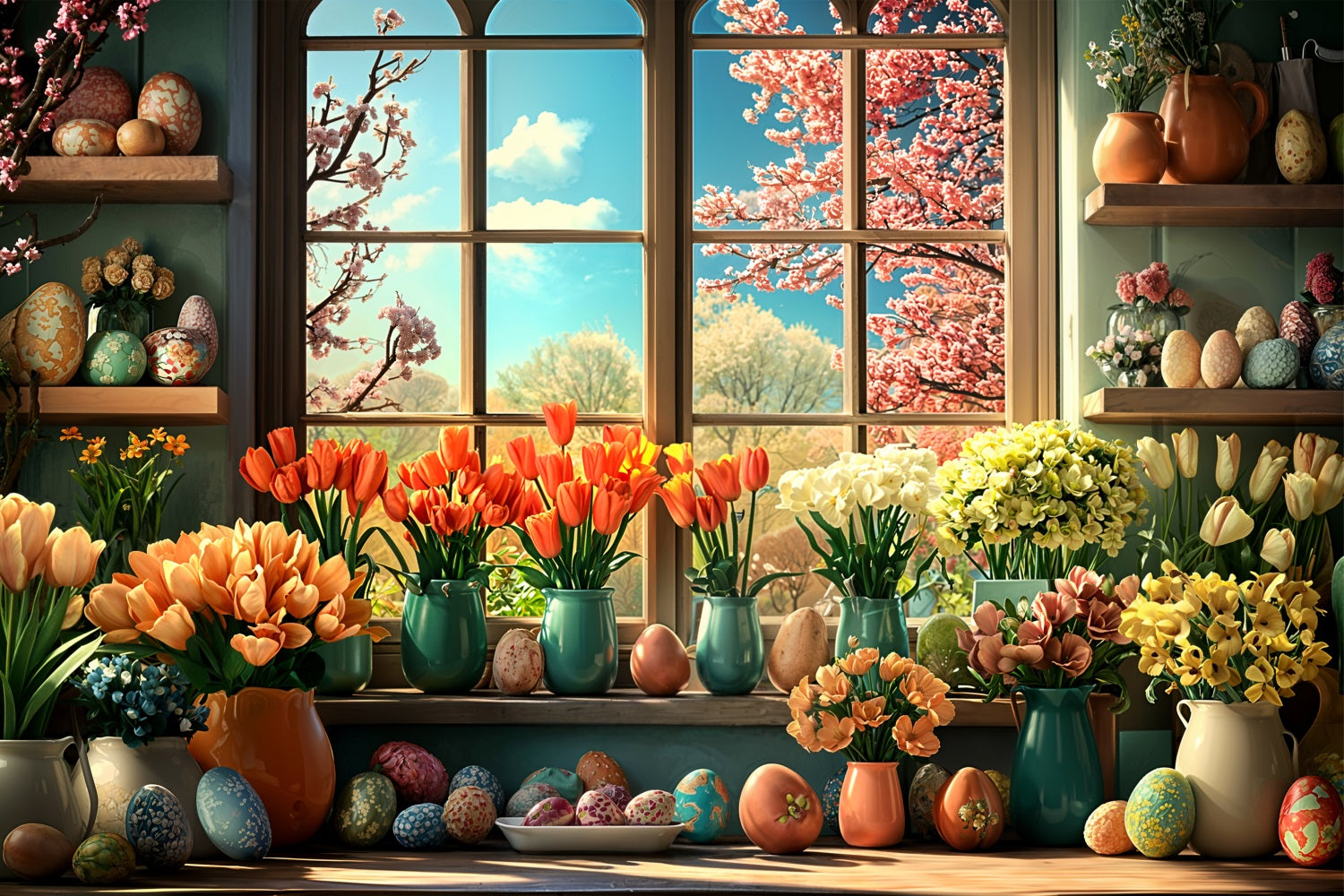 Easter Flower Backdrop Egg Window Decor Backdrop BRP11-348