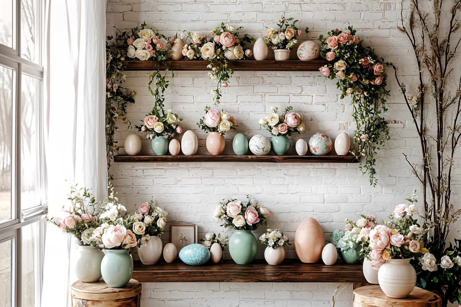 Easter Photography Backdrop Brick Wall Floral Egg Backdrop BRP11-369