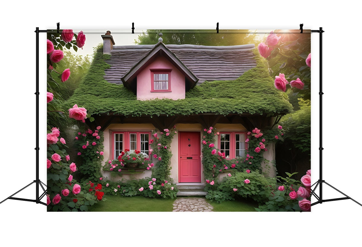 Valentine Photo Backdrops Pink Cottage Surrounded Roses Backdrop BRP11