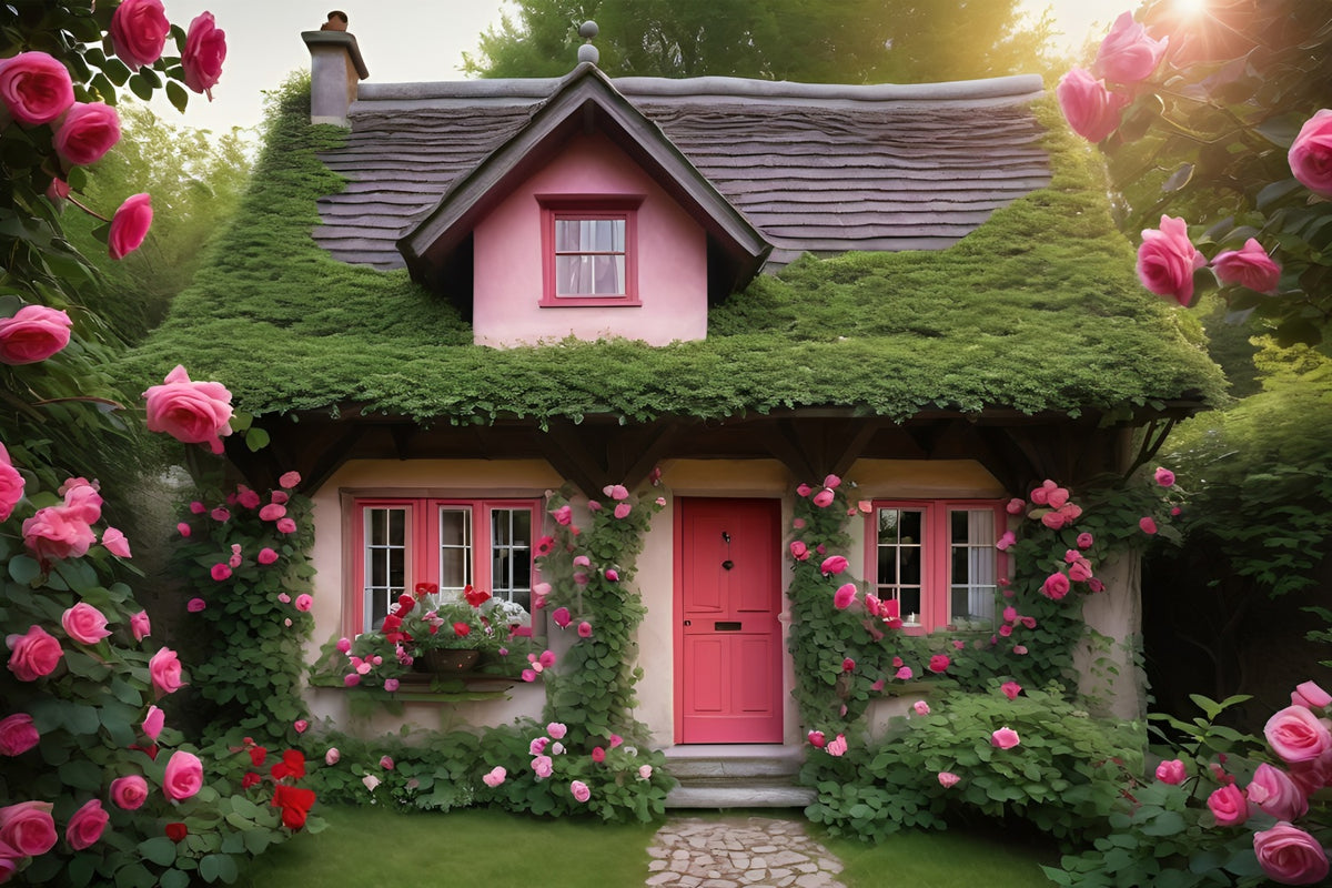Valentine Photo Backdrops Pink Cottage Surrounded Roses Backdrop BRP11